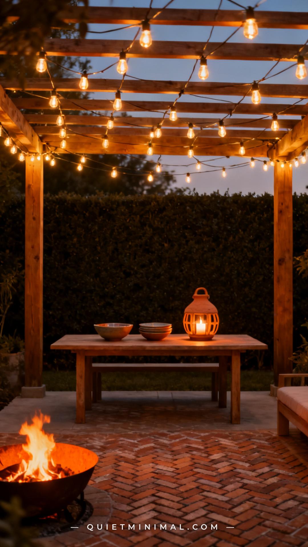 A wide vertical photograph shows a full outdoor patio entertaining area at dusk