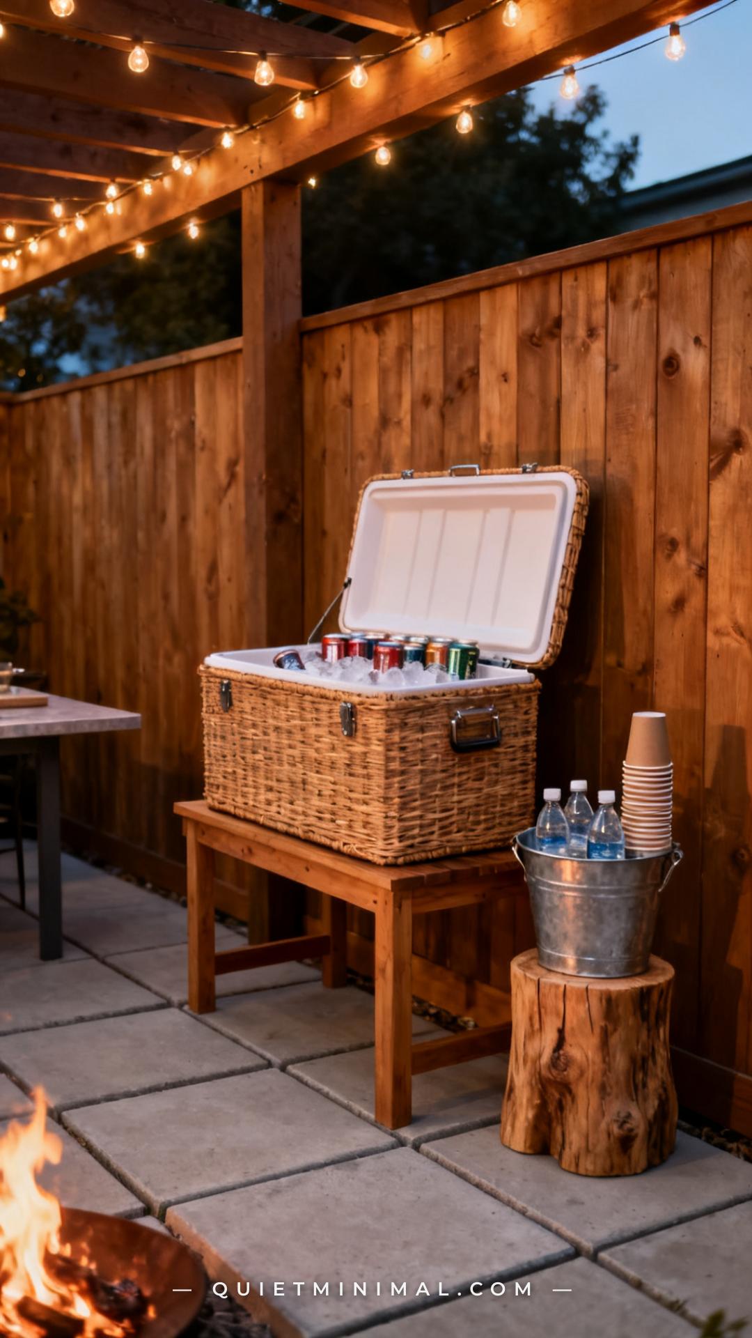 A wide vertical photograph shows a full outdoor patio entertaining corner with a large rattan-wrapped beverage cooler on
