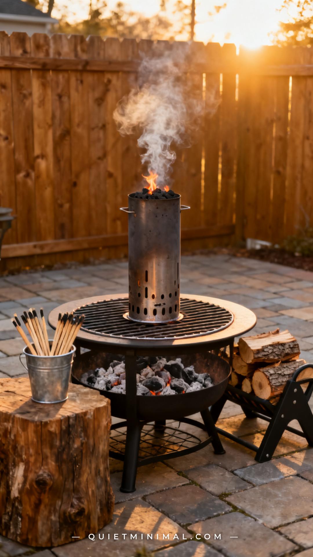 A medium-wide vertical photograph shows a full outdoor fire pit station on a stone patio