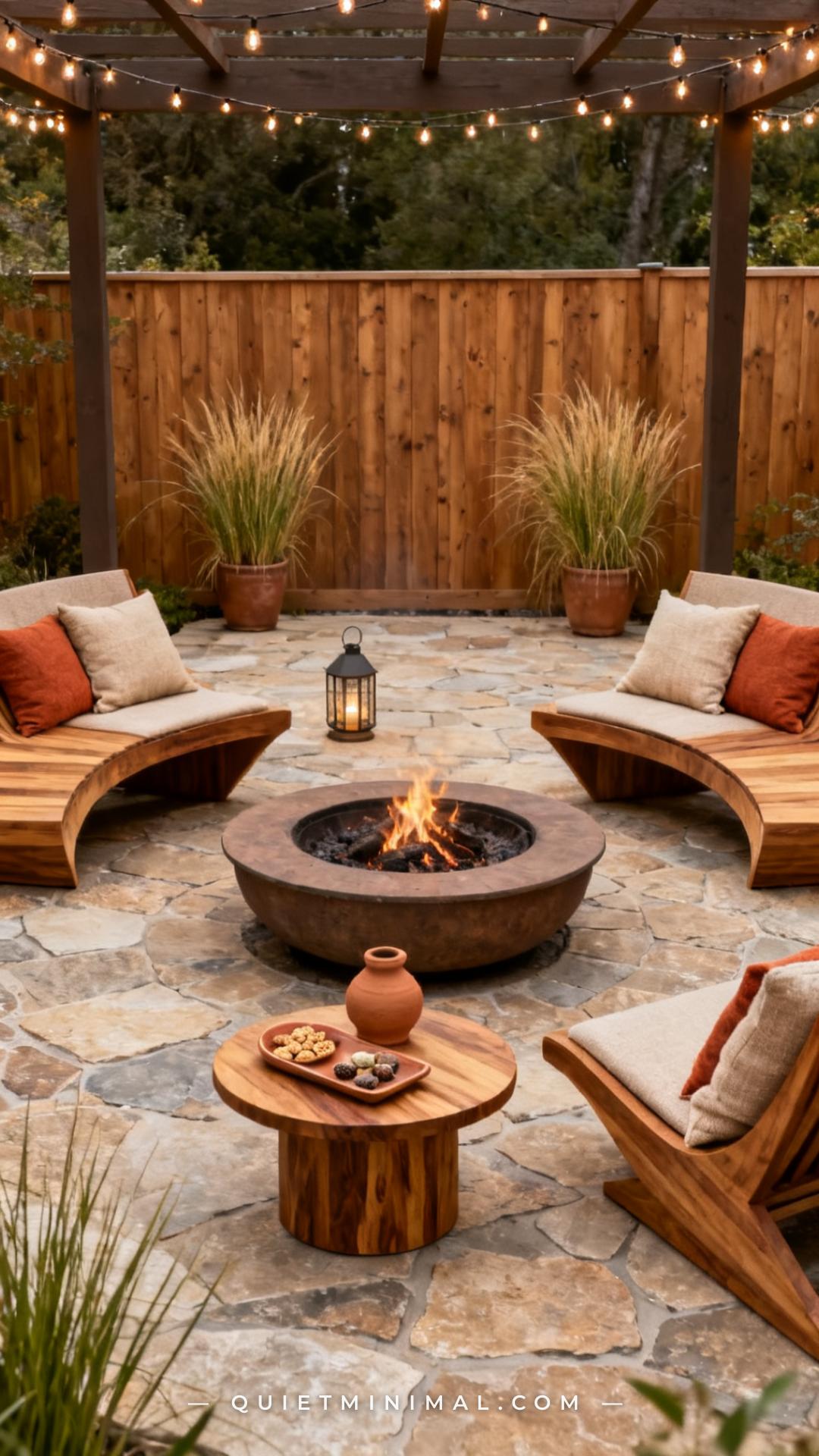 A wide vertical photograph shows a full outdoor entertaining space on a large stone patio