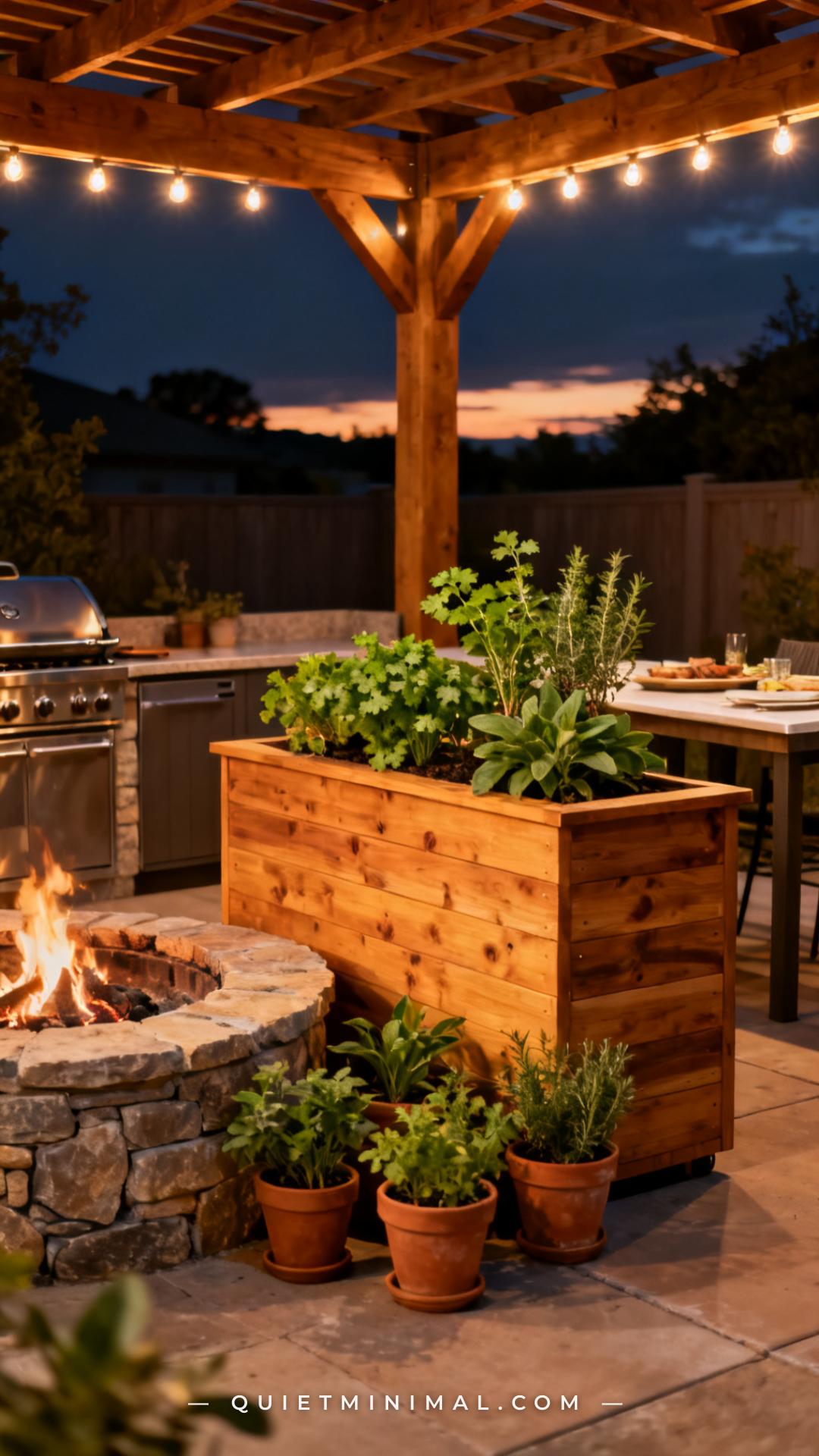A wide vertical photograph captures the full corner of a styled backyard outdoor kitchen zone