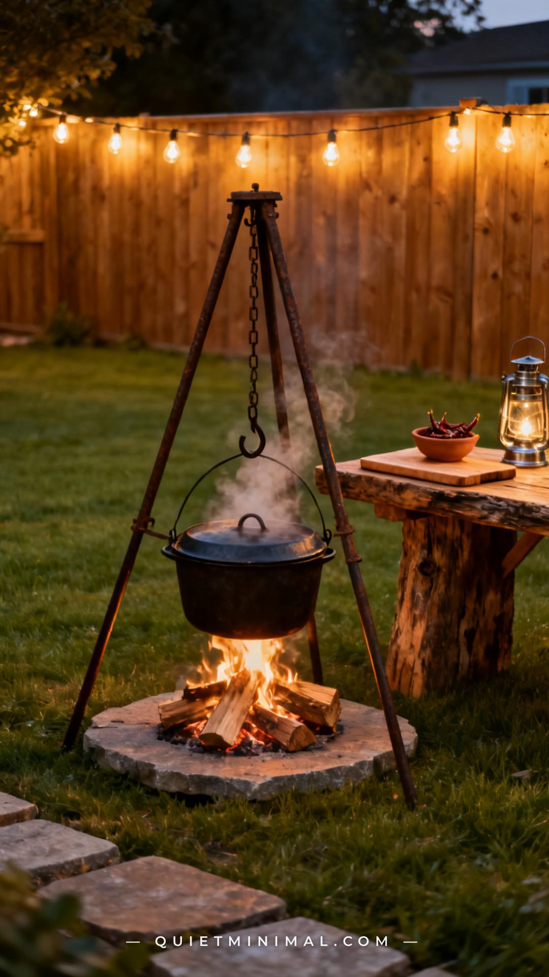 A vertical photograph shows a full outdoor cooking station on a wide backyard lawn at dusk