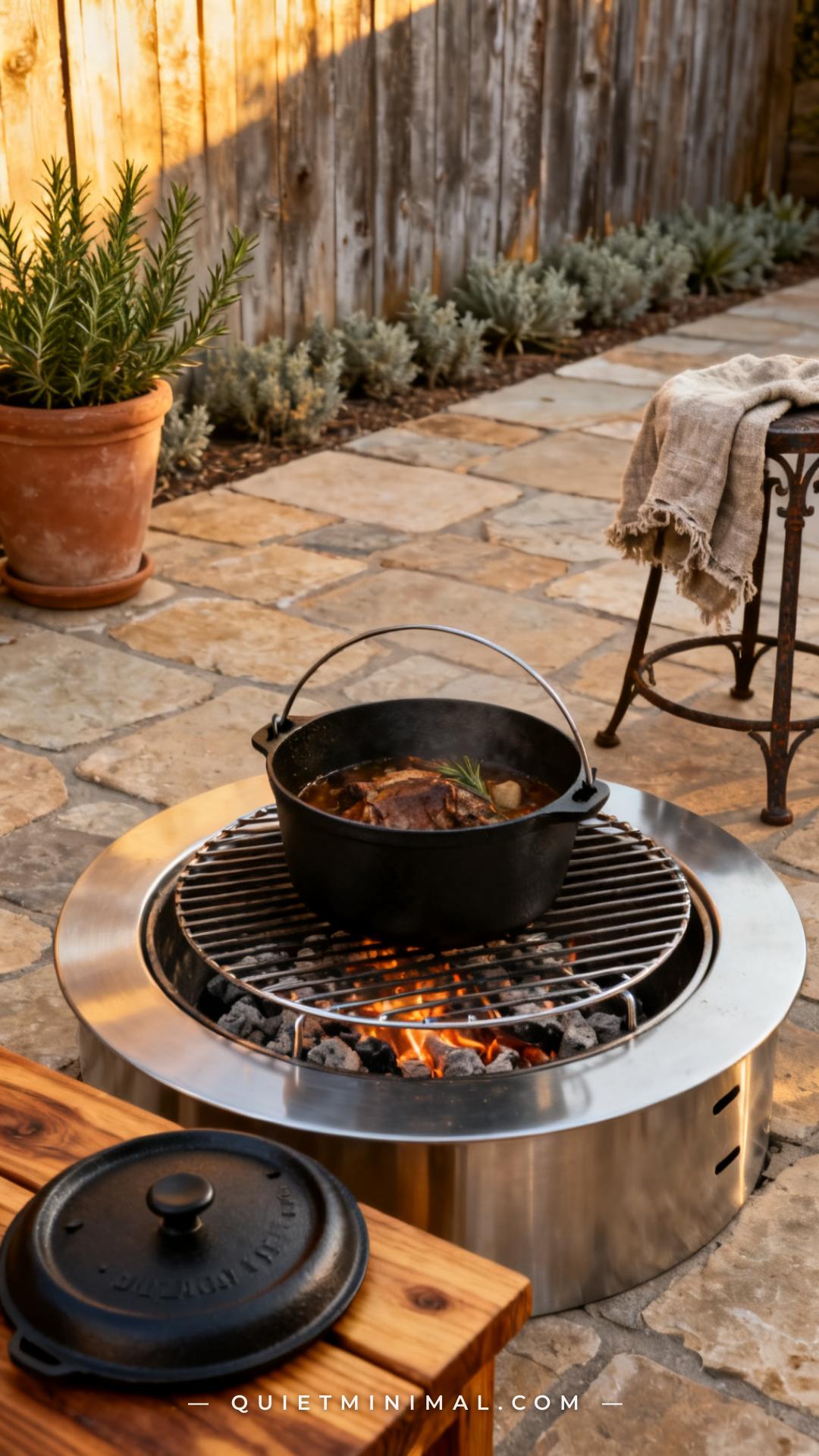 An establishing shot of a rustic outdoor kitchen area on a stone-paved patio shows a matte black cast iron Dutch oven re
