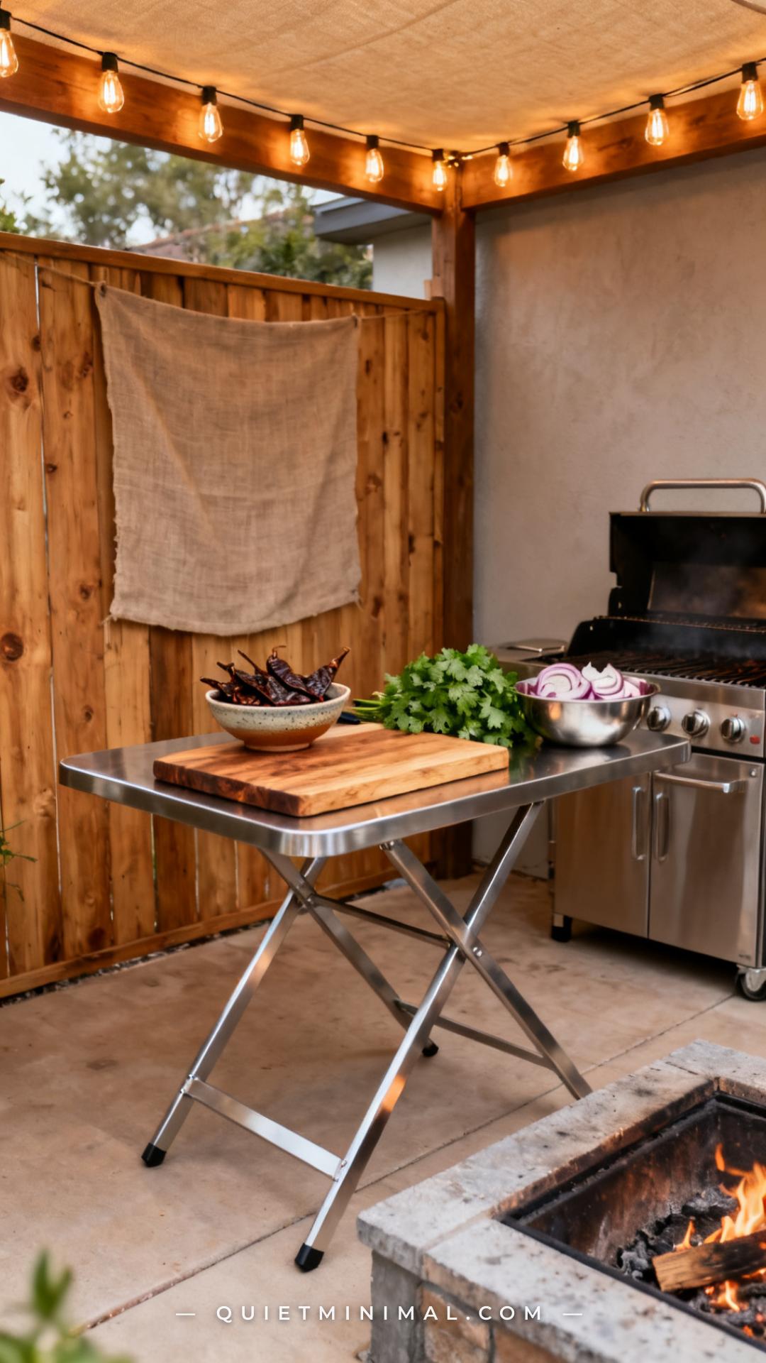 A wide vertical photograph captures a full outdoor prep area on a covered patio