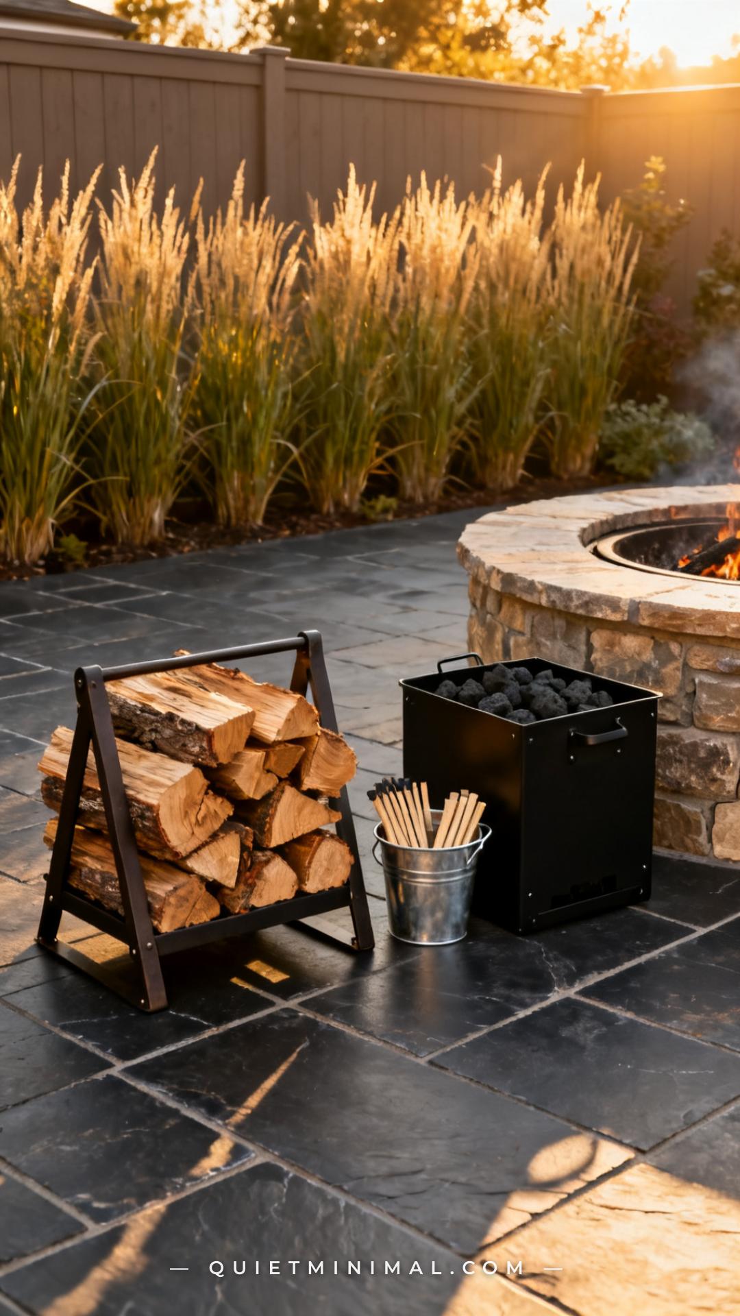 A medium-wide vertical photograph captures a full outdoor fuel storage area beside a stone fire pit on a backyard patio