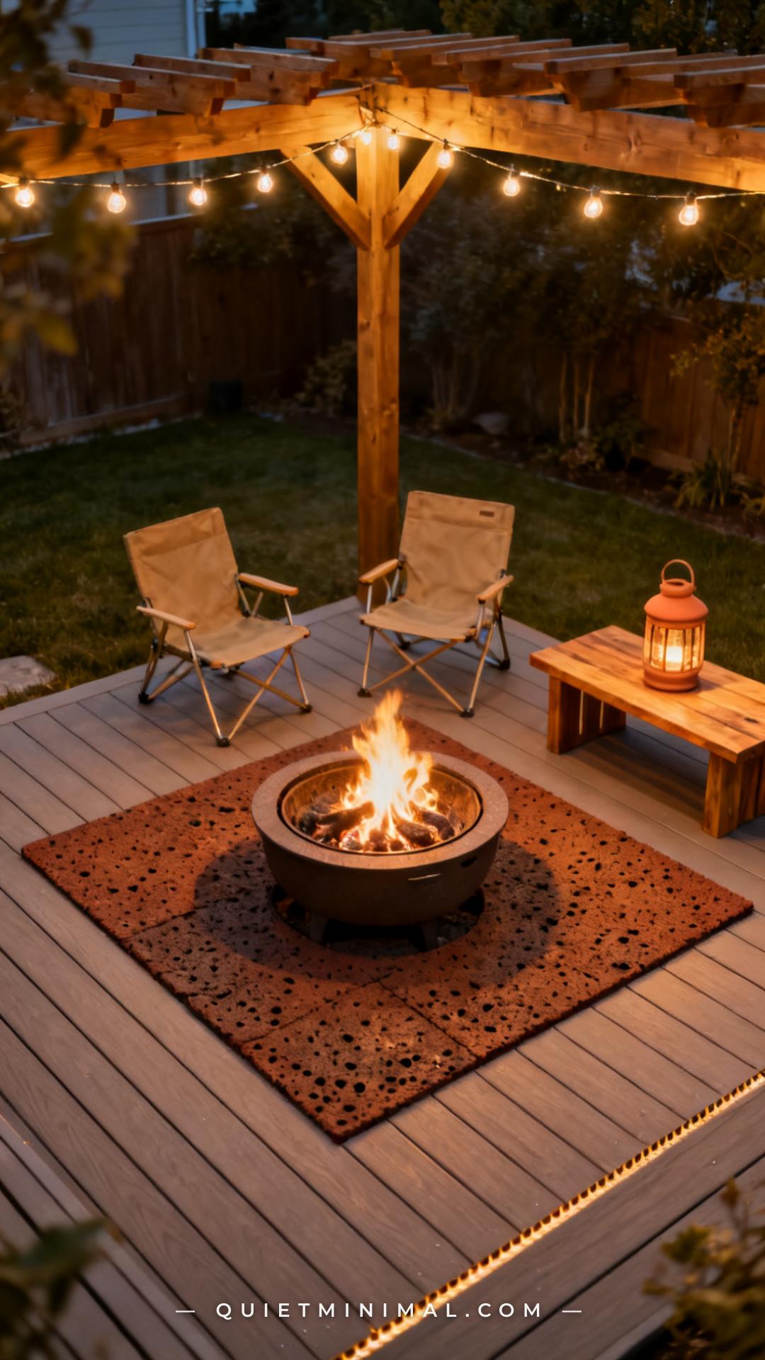 A wide vertical photograph shows a full backyard patio corner with a circular fire pit sitting on a large rectangular he