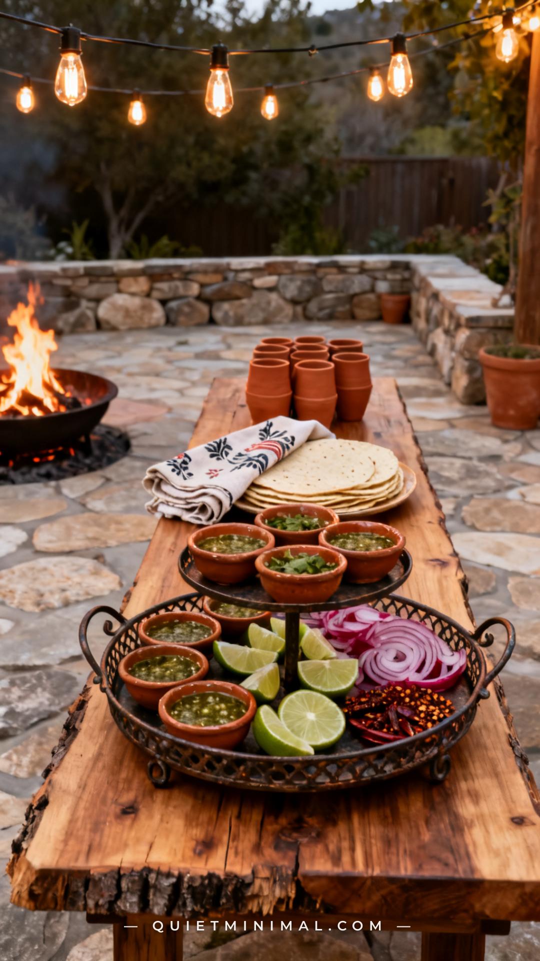A medium-wide vertical photograph shows a full outdoor serving table on a stone patio