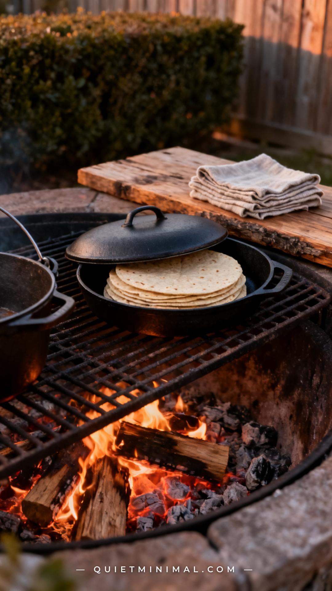 A wide vertical photograph shows the surface of an outdoor grill grate over a low fire