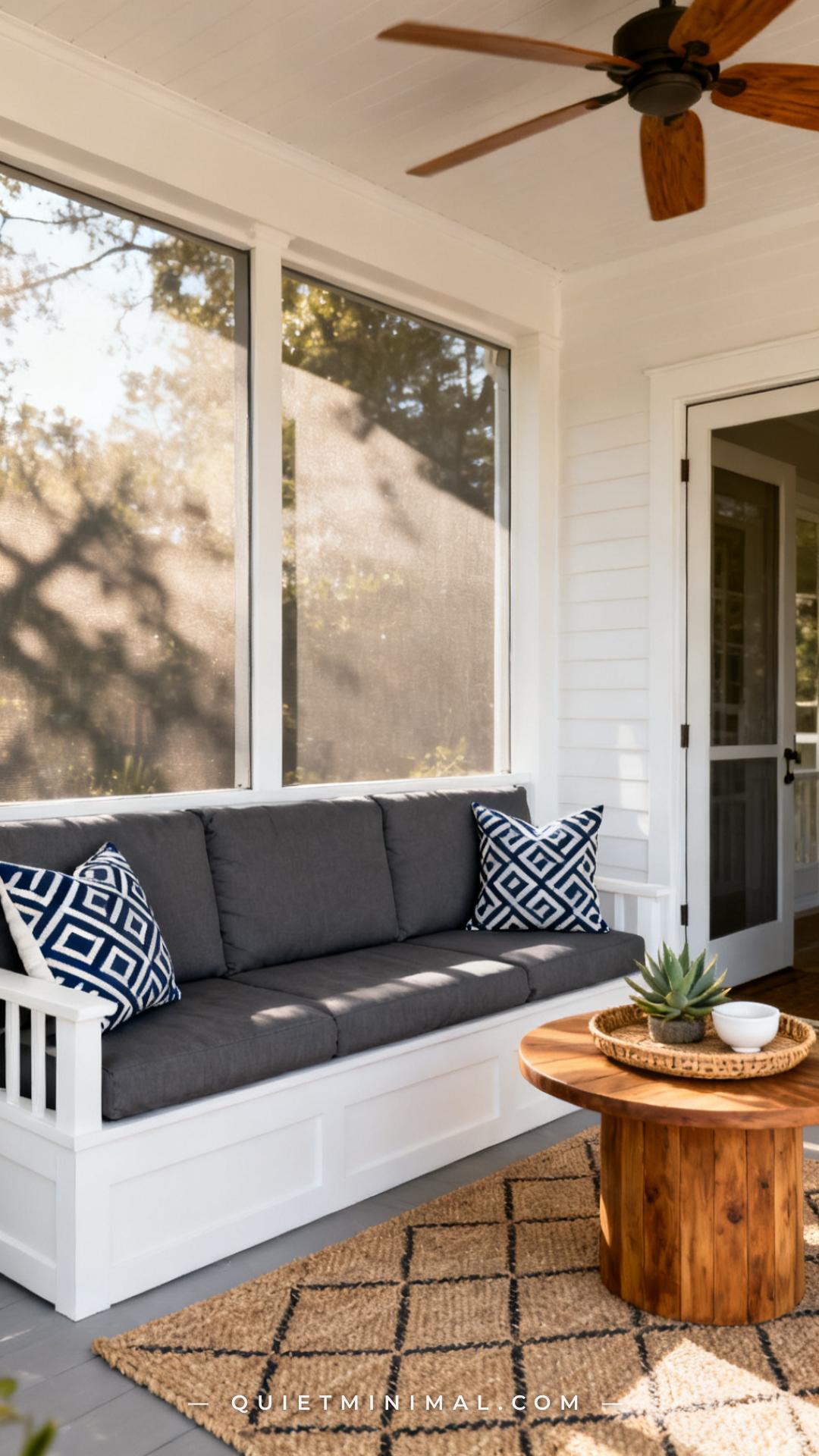 A vertical wide photograph of a covered screened porch entry showing a deep-seat cushioned outdoor bench with a white pa