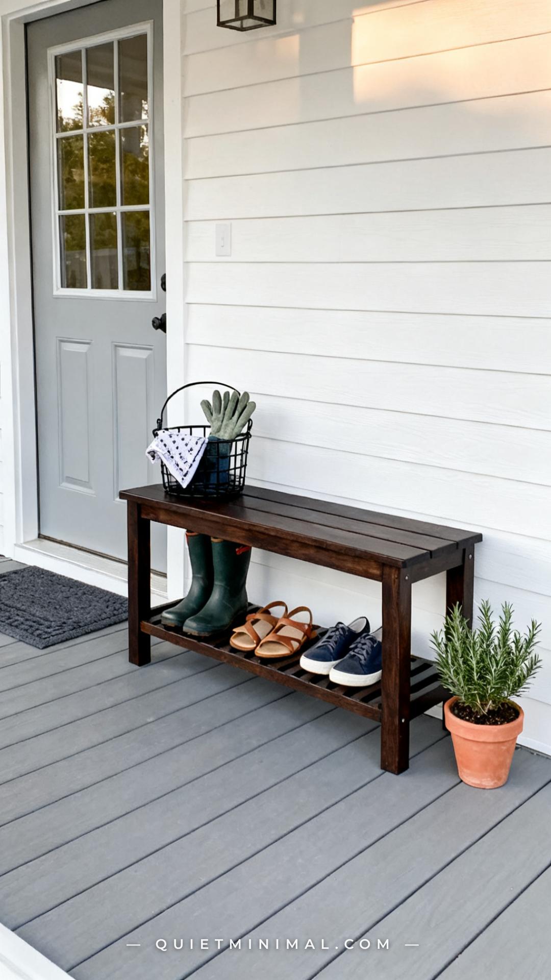A medium-wide vertical photograph of a practical and tidy front porch entry showing a dark espresso-stained wood bench w