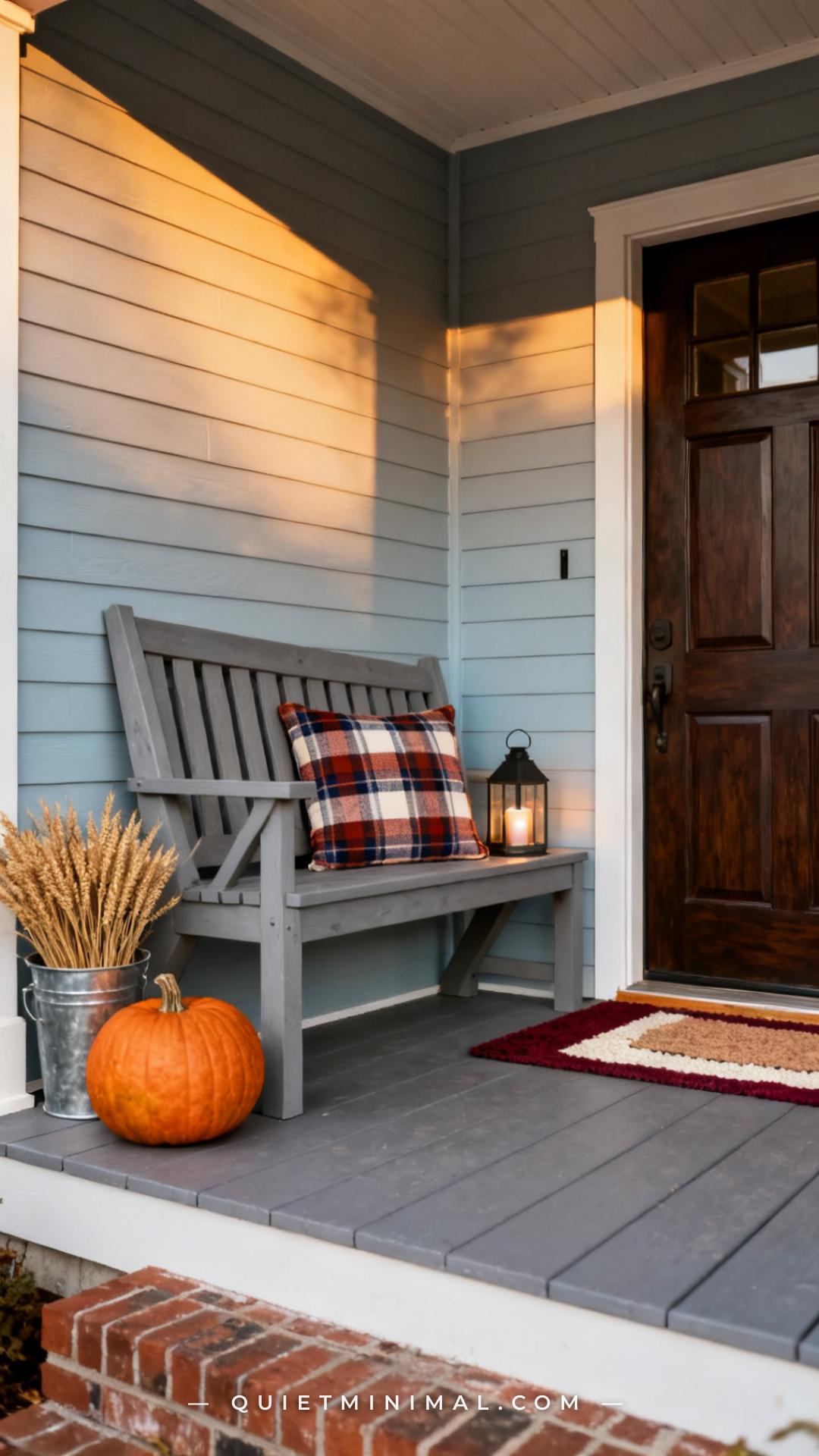 A vertical establishing shot of a welcoming front porch entry decorated for early autumn