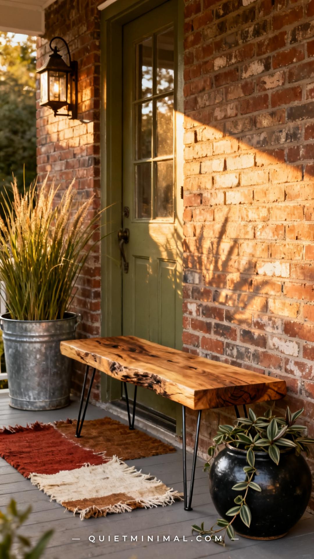 A wide vertical photograph of a rustic front porch entry featuring a thick-slab reclaimed wood bench with natural live-e