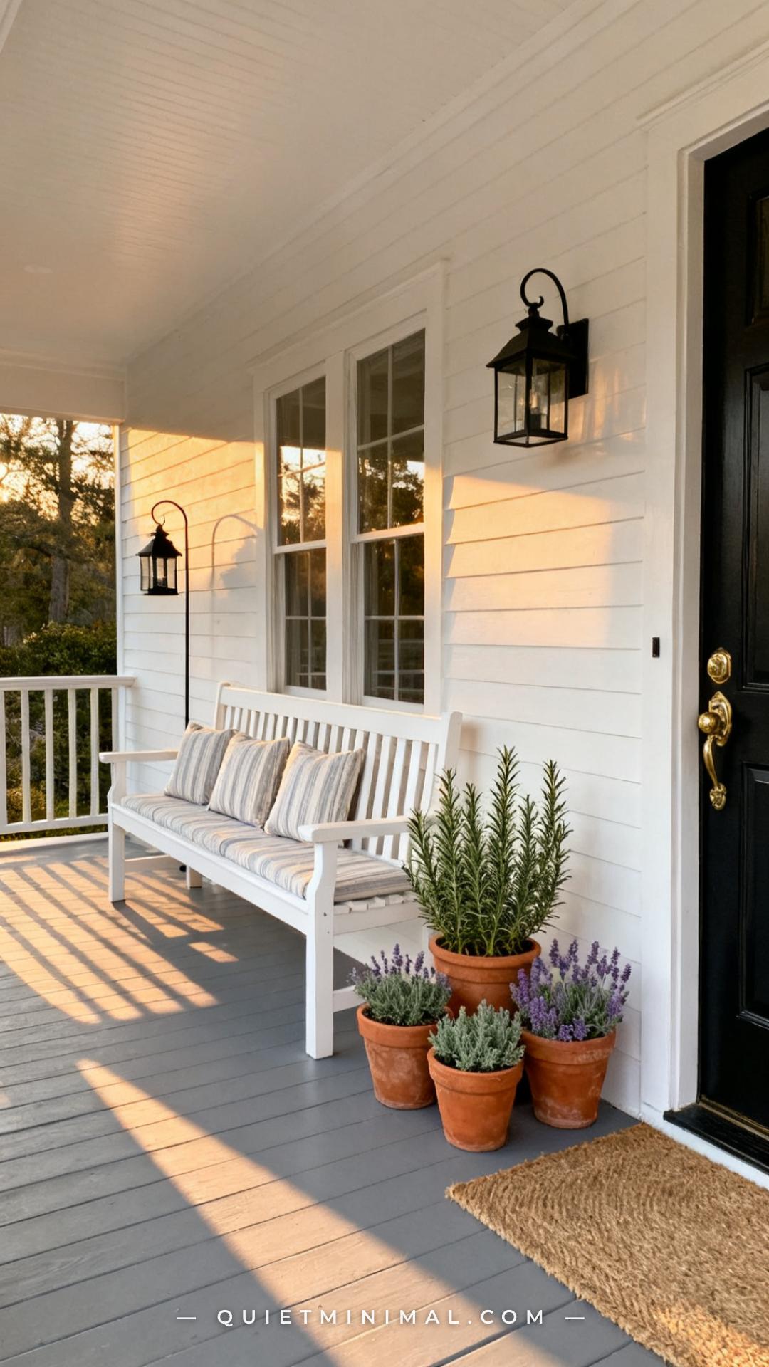 A vertical wide photograph of a spacious wraparound front porch entry showing a long six-foot white painted wood bench w