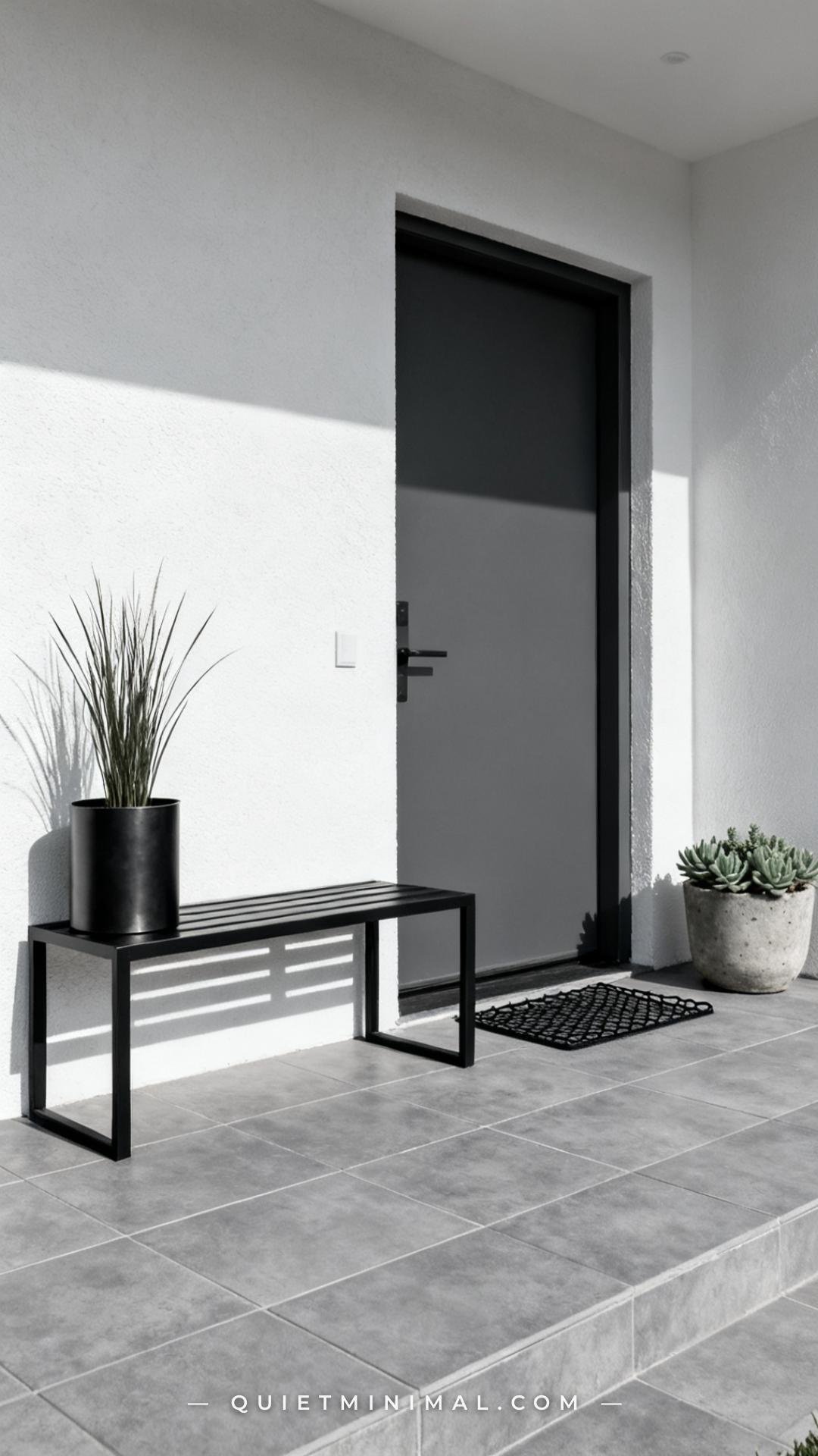 A vertical establishing shot of a modern front entry porch featuring a slim matte black metal bench with clean straight