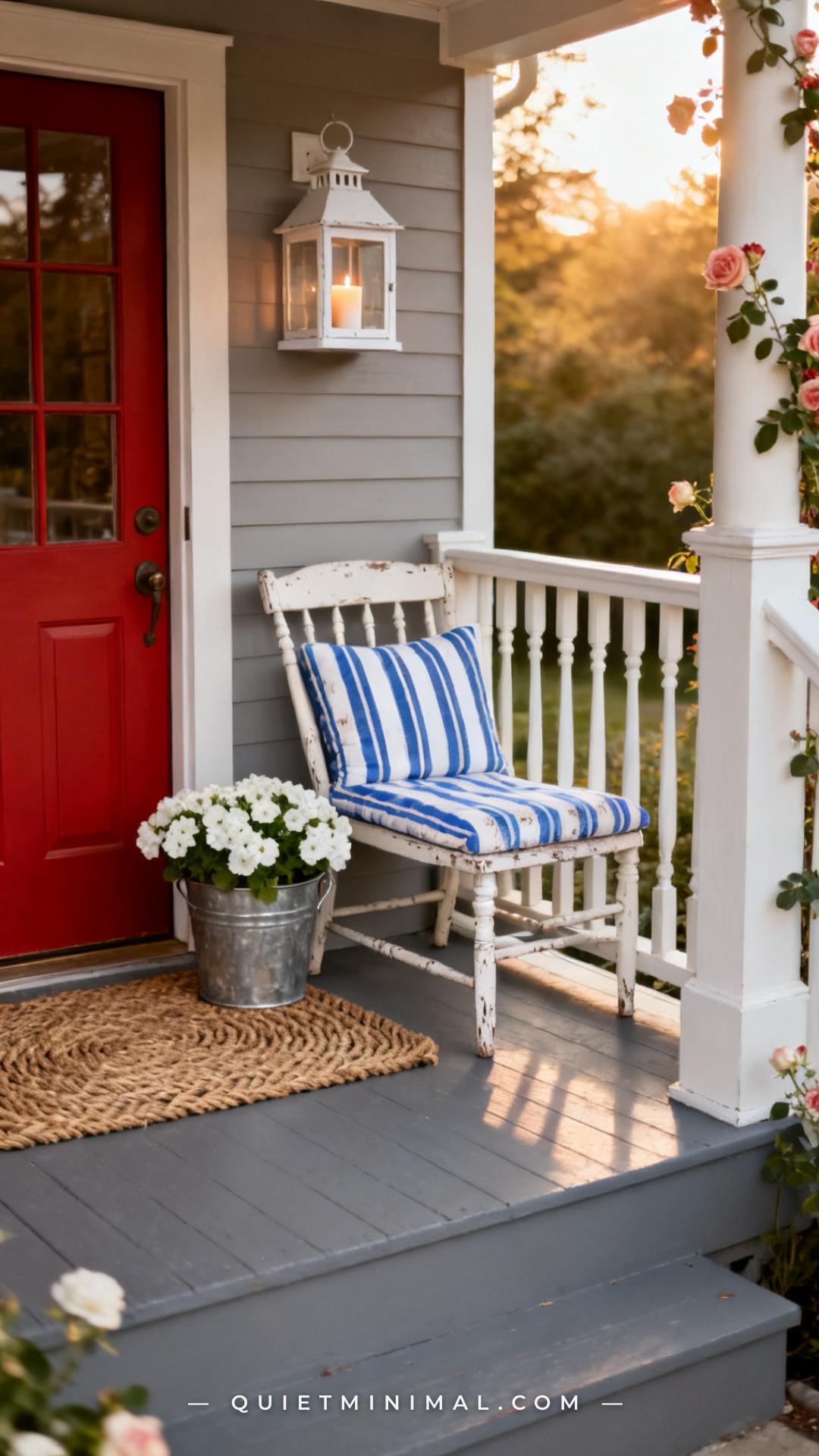 A wide vertical photograph of a charming cottage-style front porch featuring a white painted wood bench with spindle bac