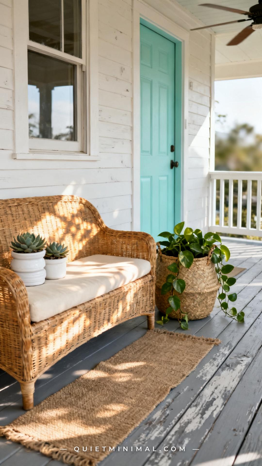 A vertical wide photograph of a breezy coastal porch entry featuring a natural rattan bench with cream upholstered cushi