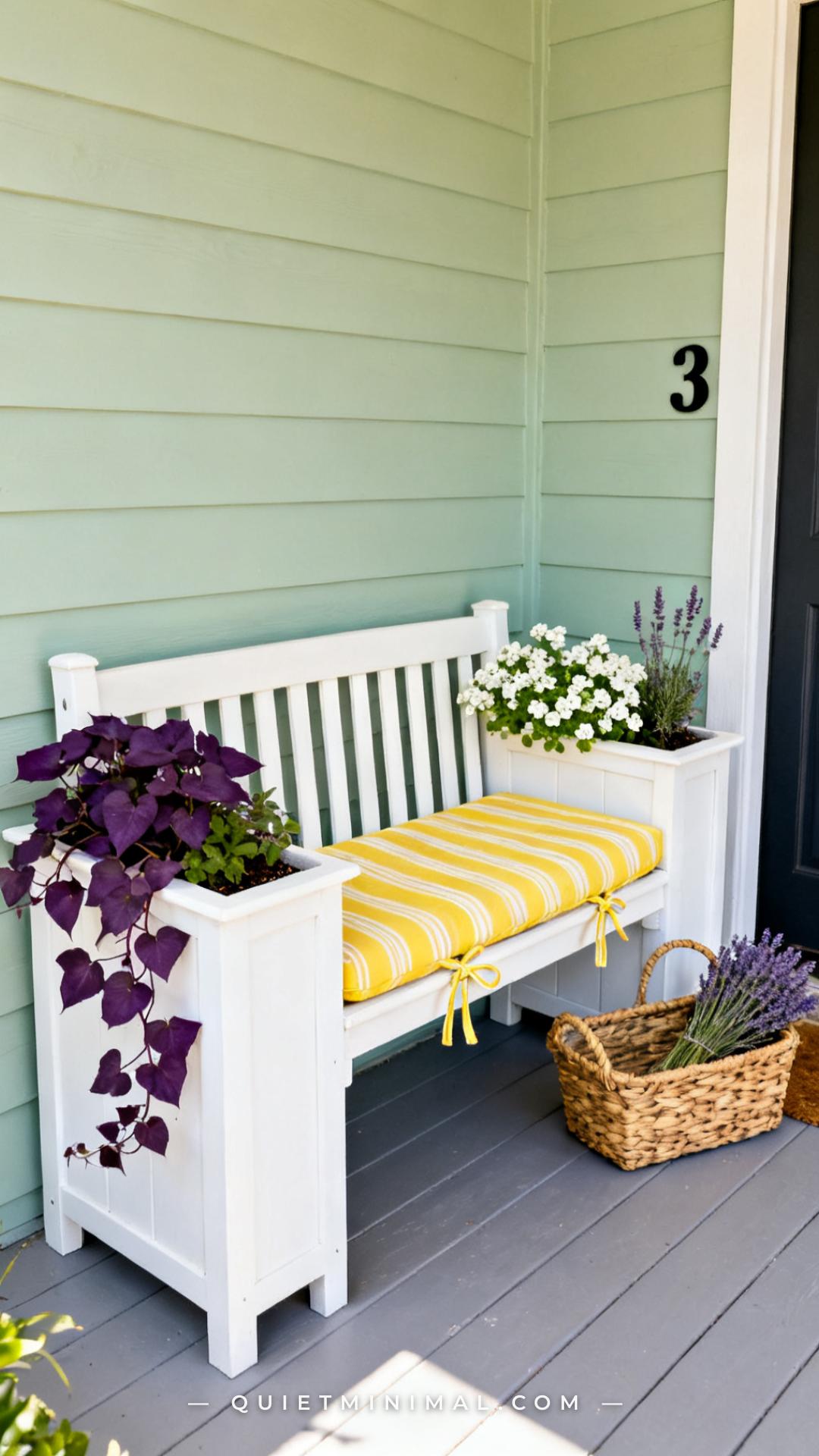 A medium-wide vertical photograph of a garden-style front porch featuring a white painted wood bench with built-in plant