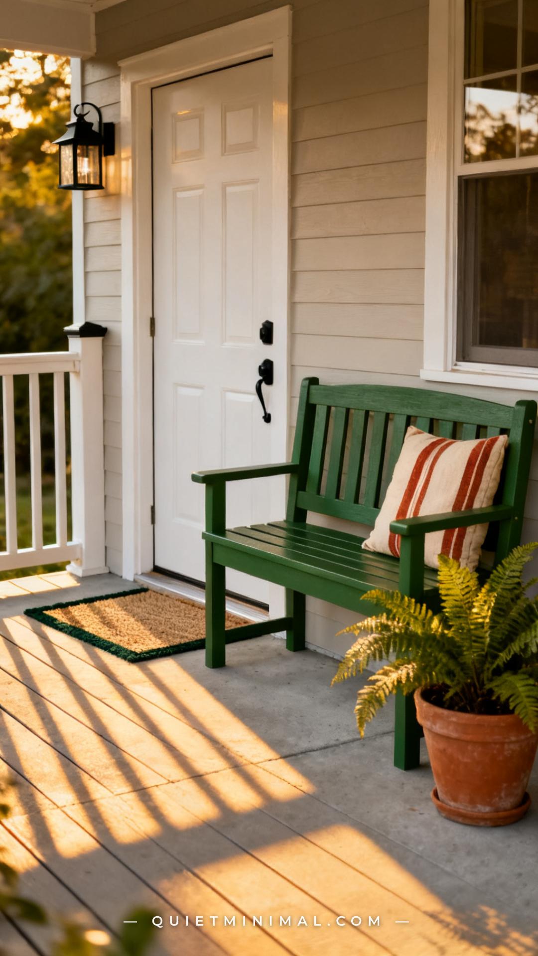 A vertical wide photograph of an inviting front porch entry with a forest green painted wood bench with slatted seat and