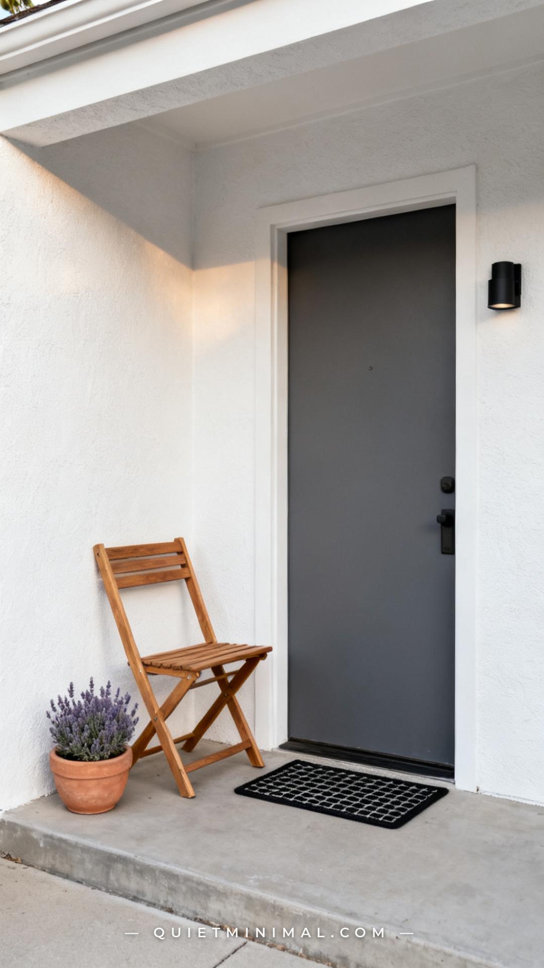 A wide vertical photograph of a compact apartment porch entry showing a slim teak folding bench leaned slightly open aga