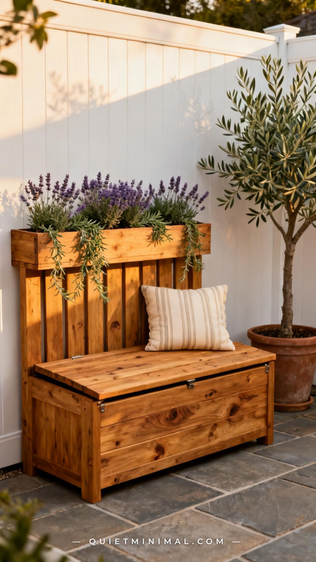 A vertical photograph establishes the full scene of a back patio corner featuring a classic cedar storage bench with a h