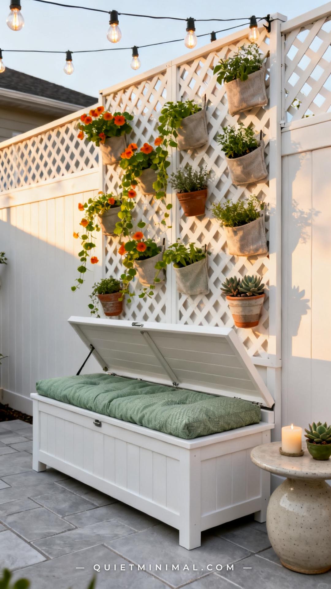 A vertical photograph establishes the full patio scene of an outdoor storage bench positioned against a white lattice ba