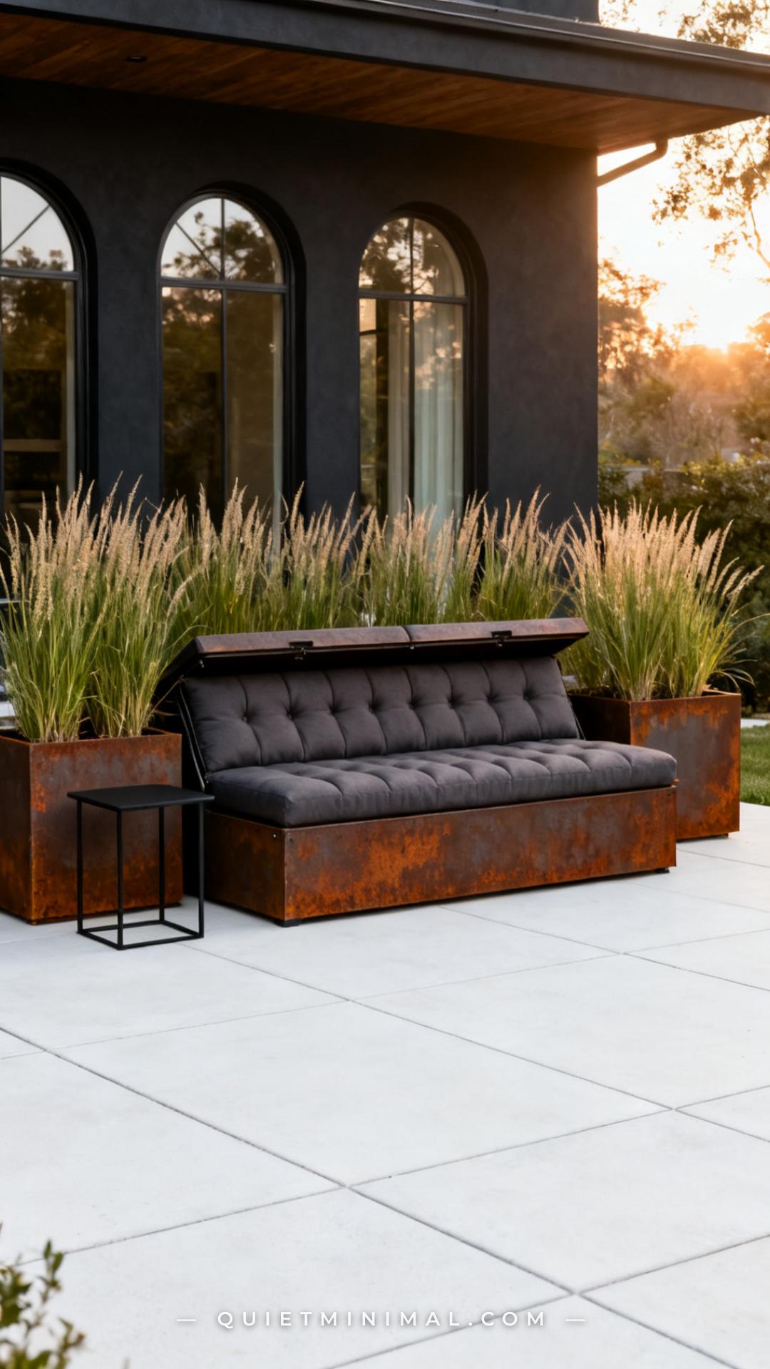 A vertical photograph captures the full back patio of a contemporary home featuring a wide upholstered outdoor storage b