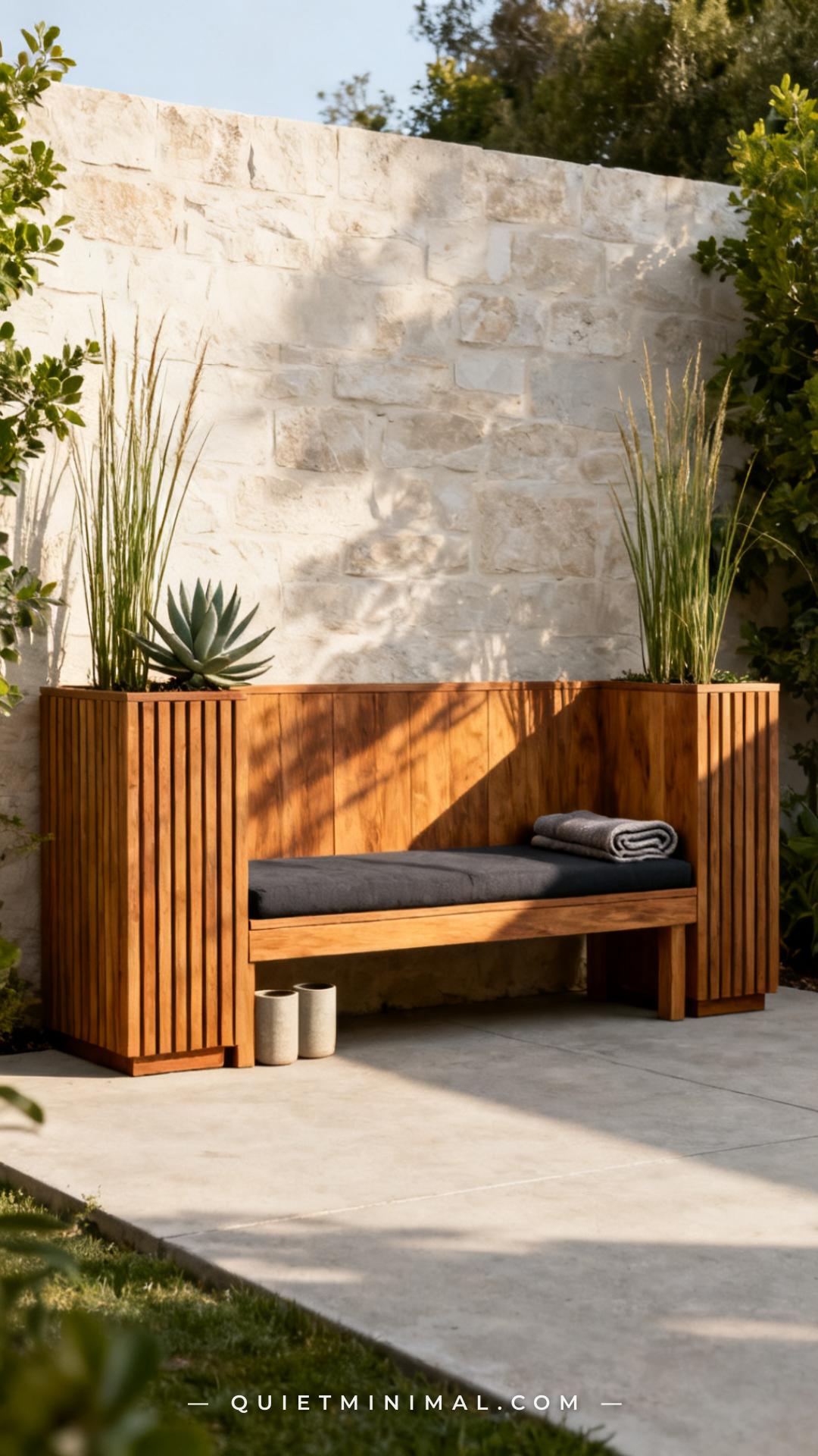 A vertical photograph captures a wide medium-wide view of a back patio featuring a teak storage bench with slim vertical