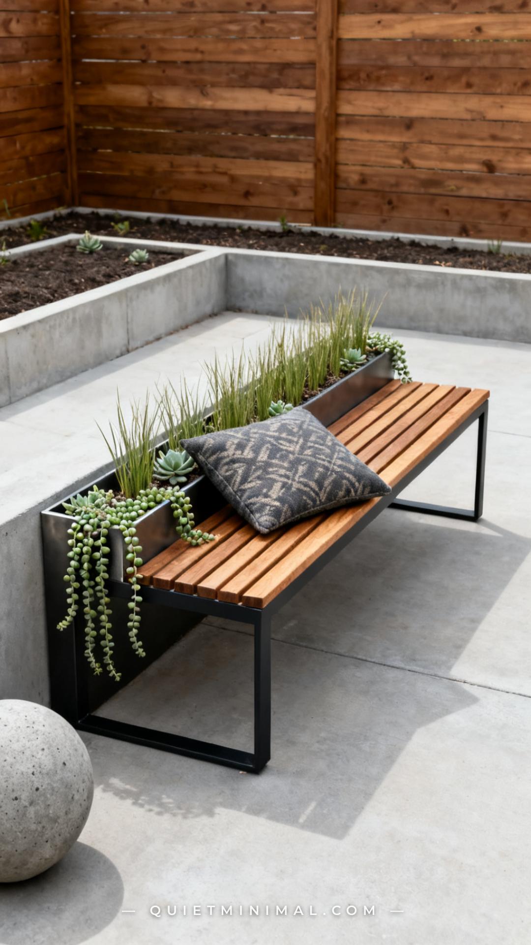 A vertical photograph establishes the full length of a modern outdoor bench built from powder-coated matte black steel f