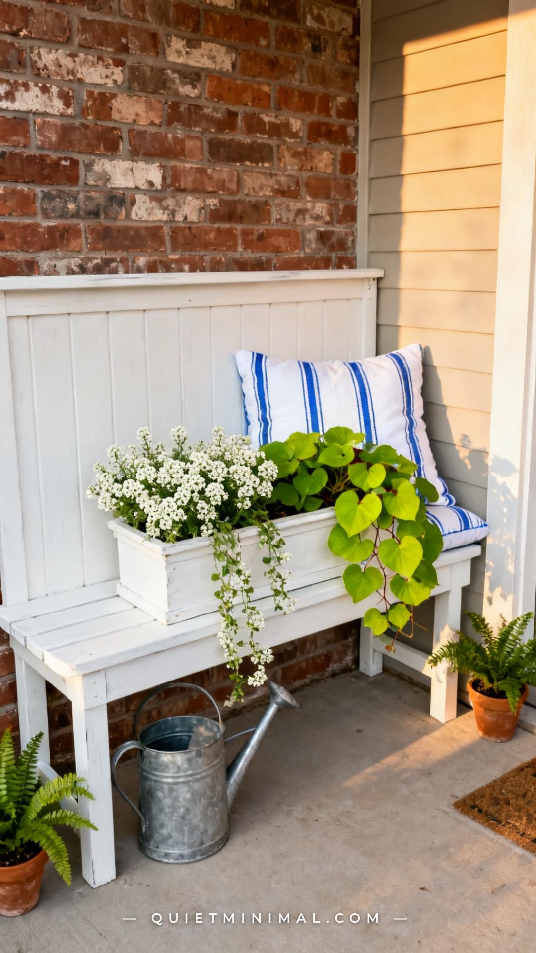 A vertical photograph captures a painted white outdoor storage bench positioned along the exterior wall of a home's back
