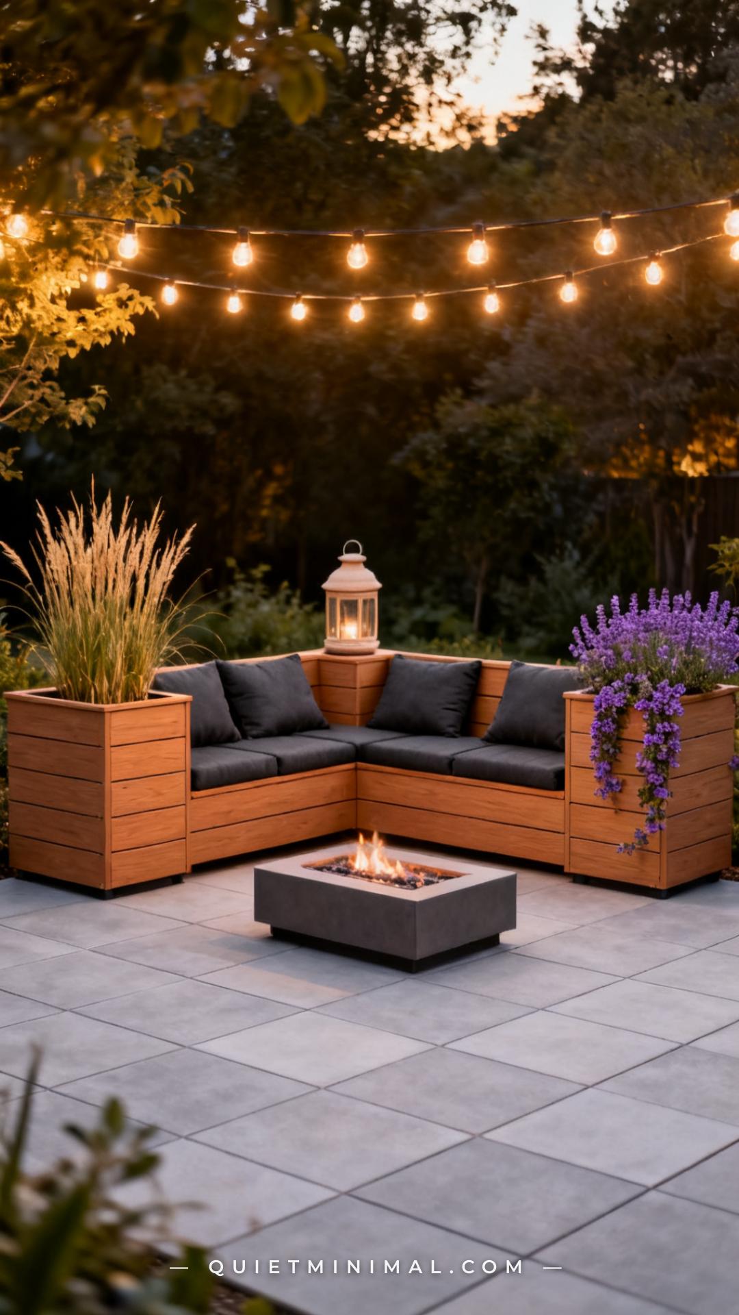 A vertical photograph shows the full back patio view of a modular outdoor bench-and-planter system arranged in an L-shap