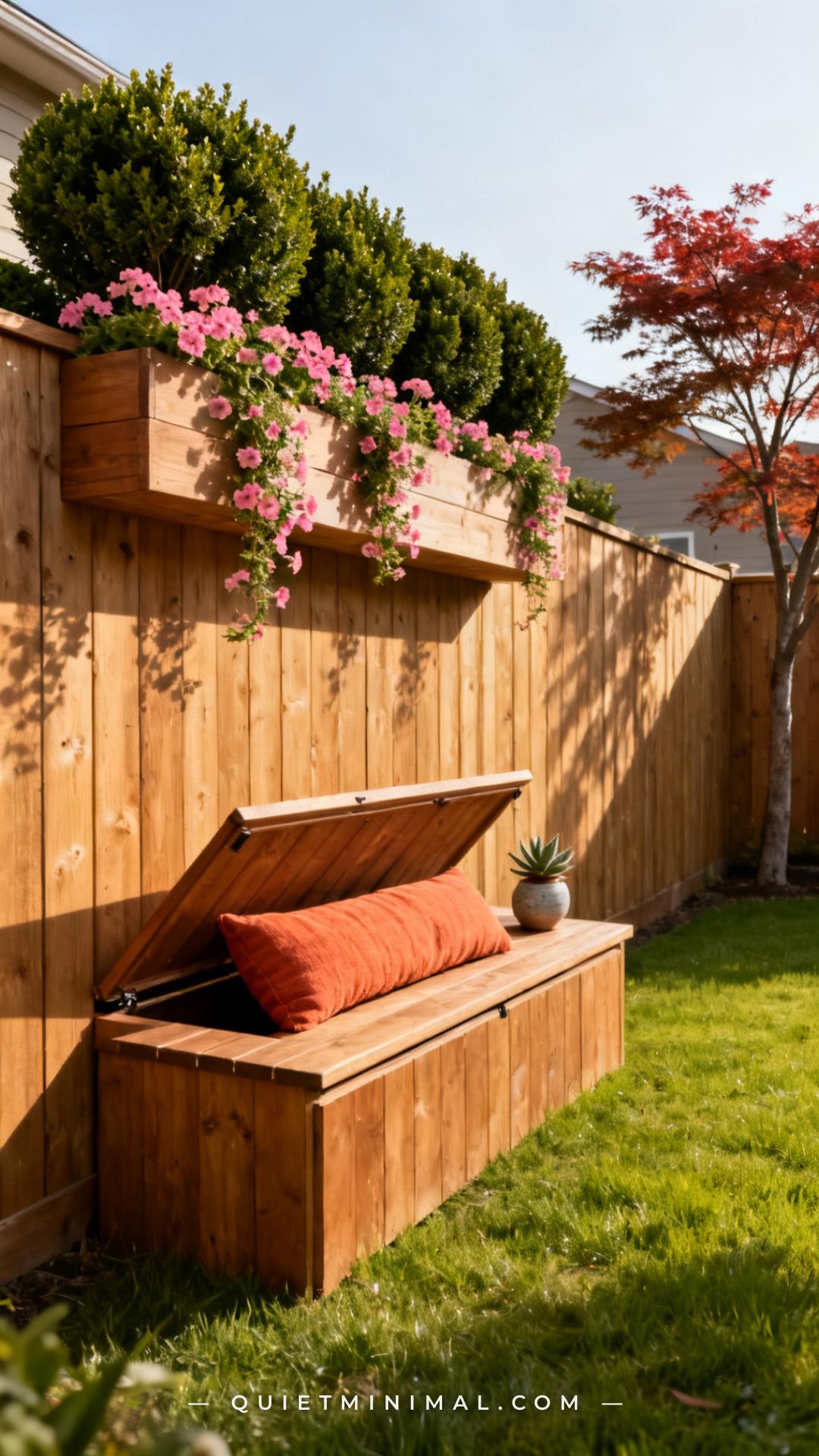 A vertical photograph captures the full back-fence line of a suburban backyard where a built-in wooden storage bench has