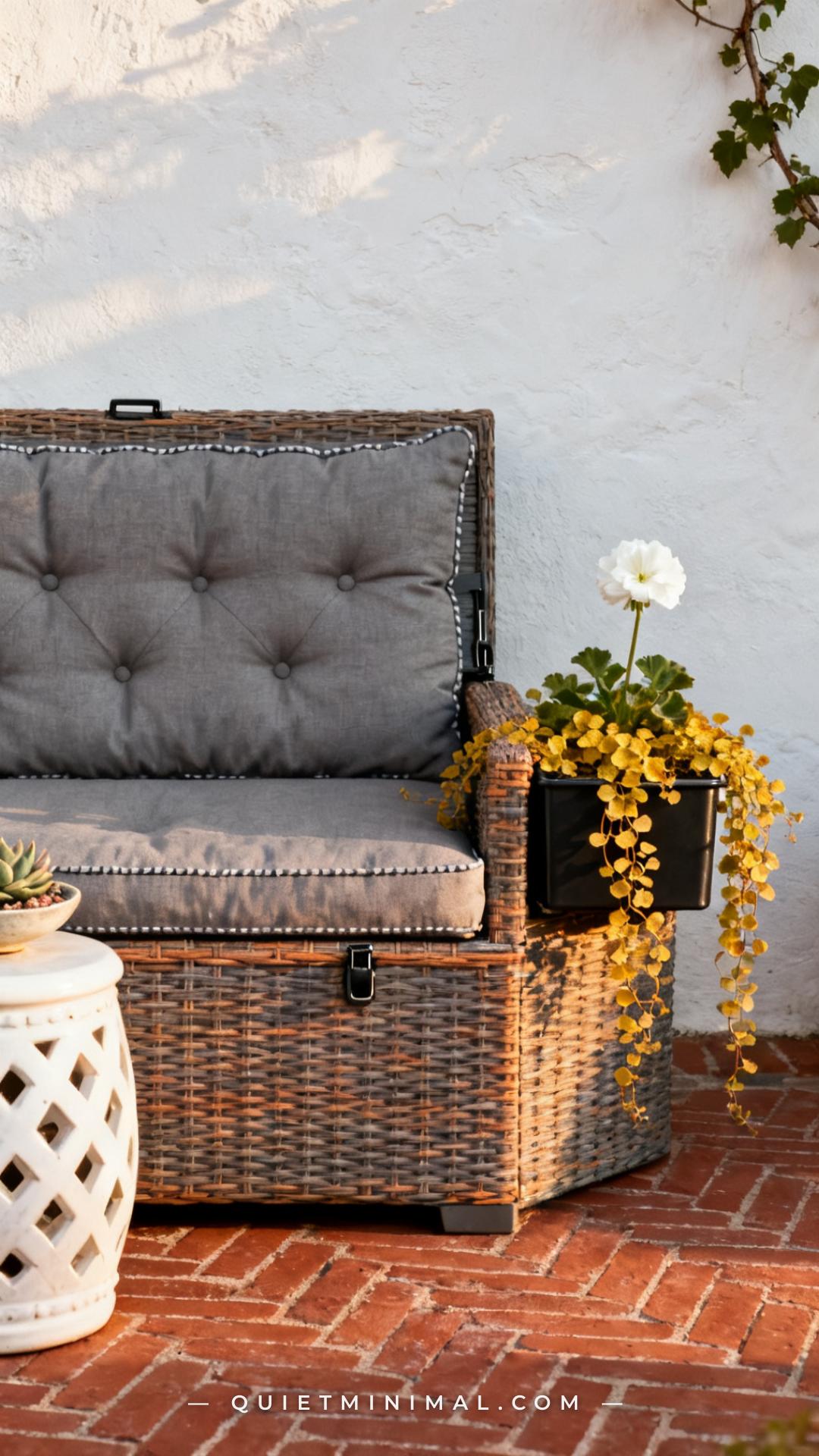 A vertical photograph establishes the full back patio scene centered on an all-weather wicker storage bench in a warm br