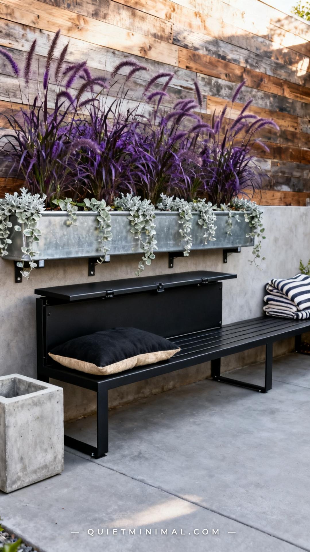 A vertical photograph captures a full back patio scene anchored by a matte black powder-coated steel storage bench with