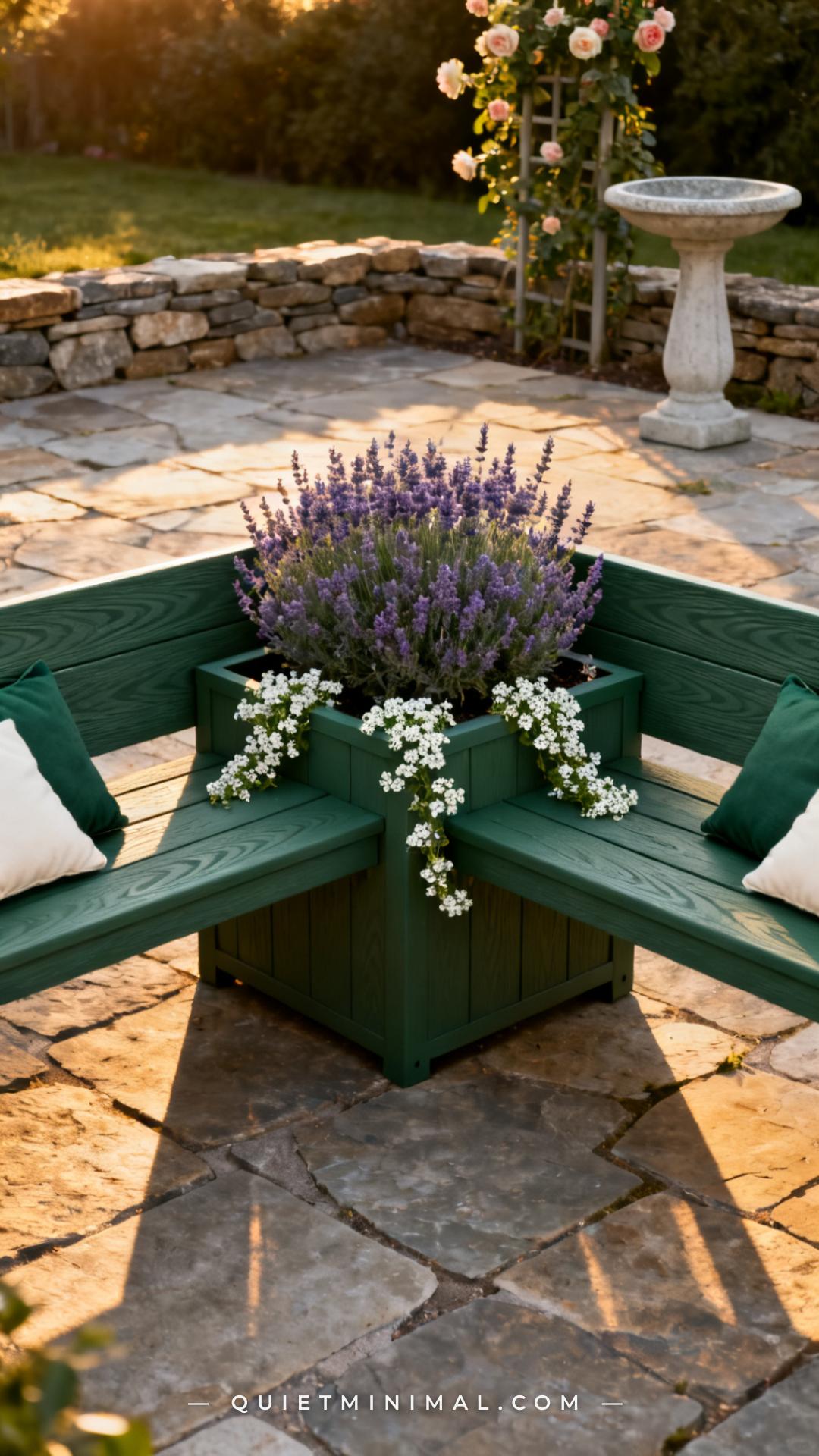 A vertical photograph establishes the full back patio corner view of a recycled poly lumber outdoor bench in a deep hunt