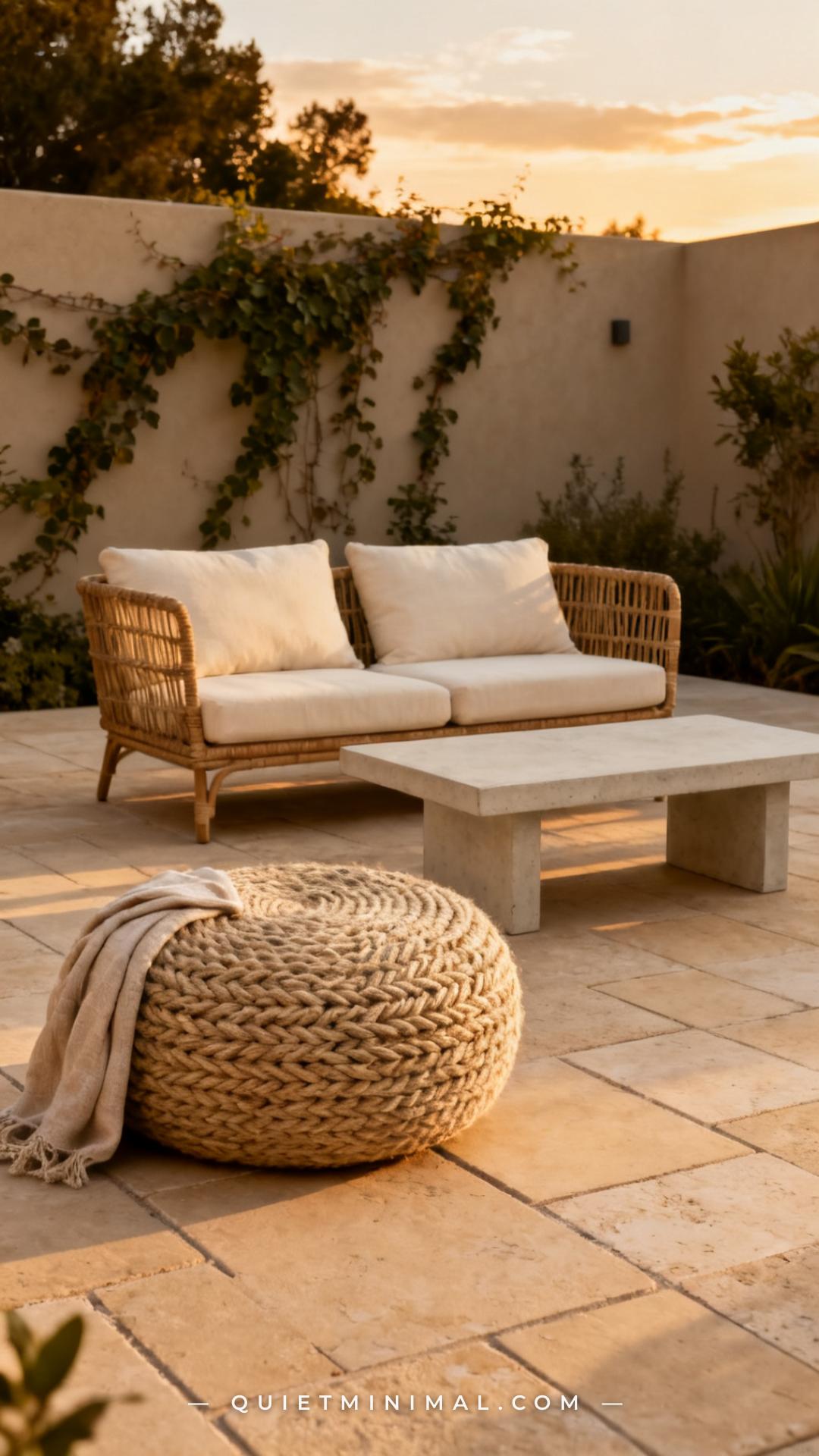 A medium-wide vertical photograph shows a full outdoor seating vignette on a beige stone patio — a two-seat rattan sofa