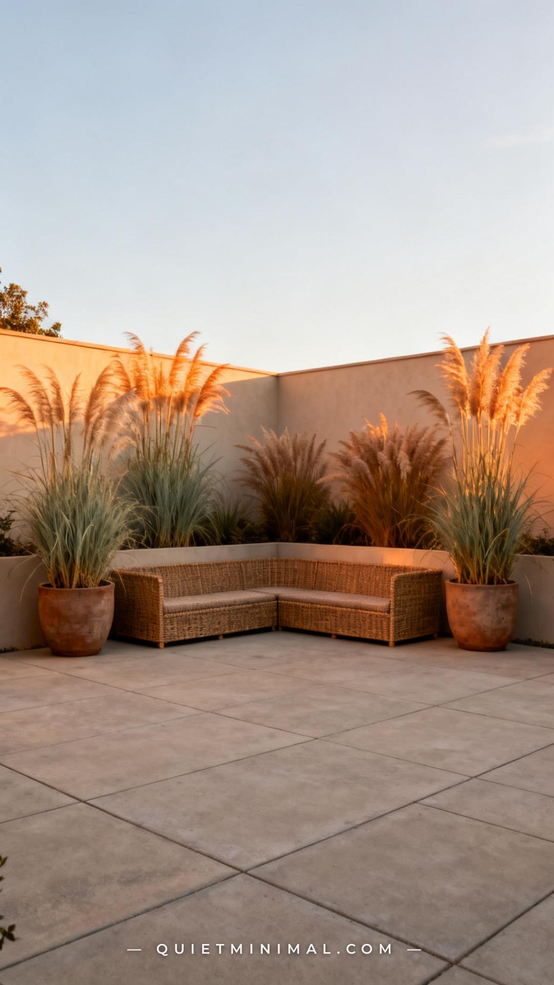 A wide vertical establishing shot captures the full perimeter of a neutral concrete paver patio at golden hour