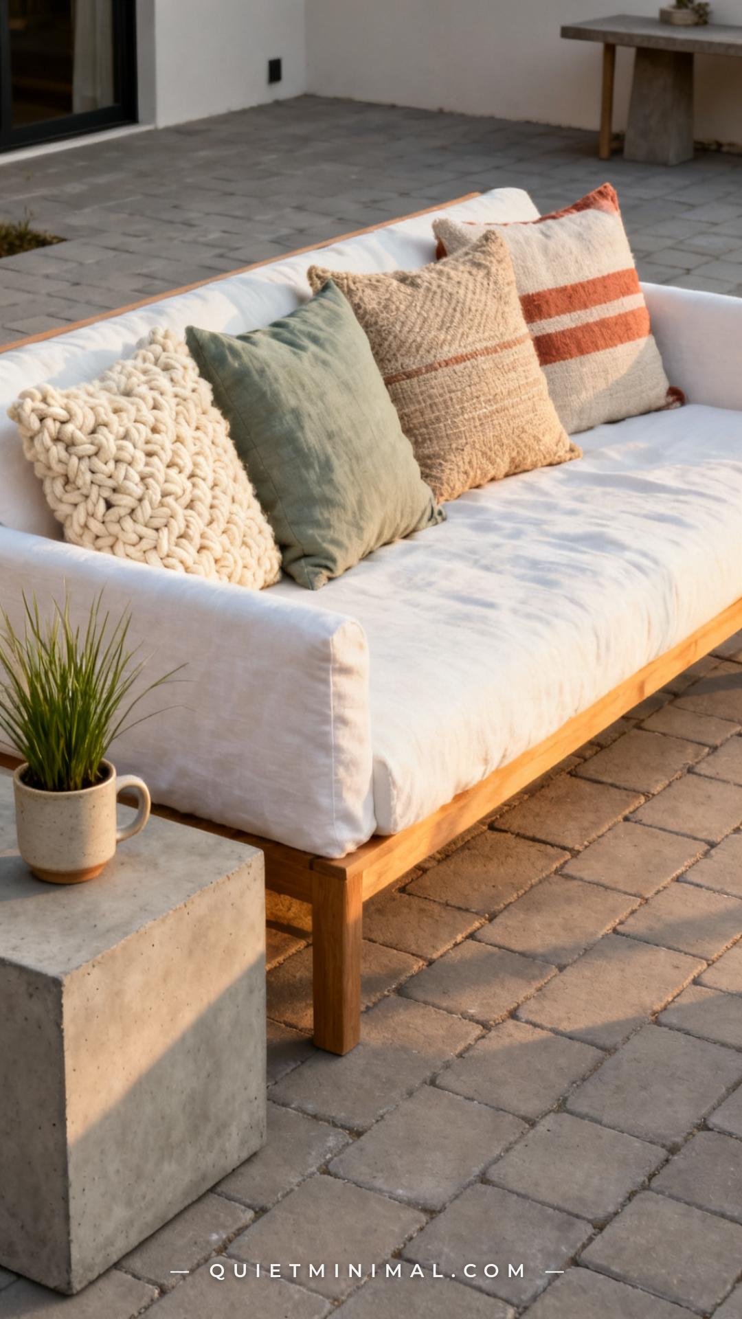 A medium-wide vertical photograph captures an outdoor sofa styled on a greige paver patio