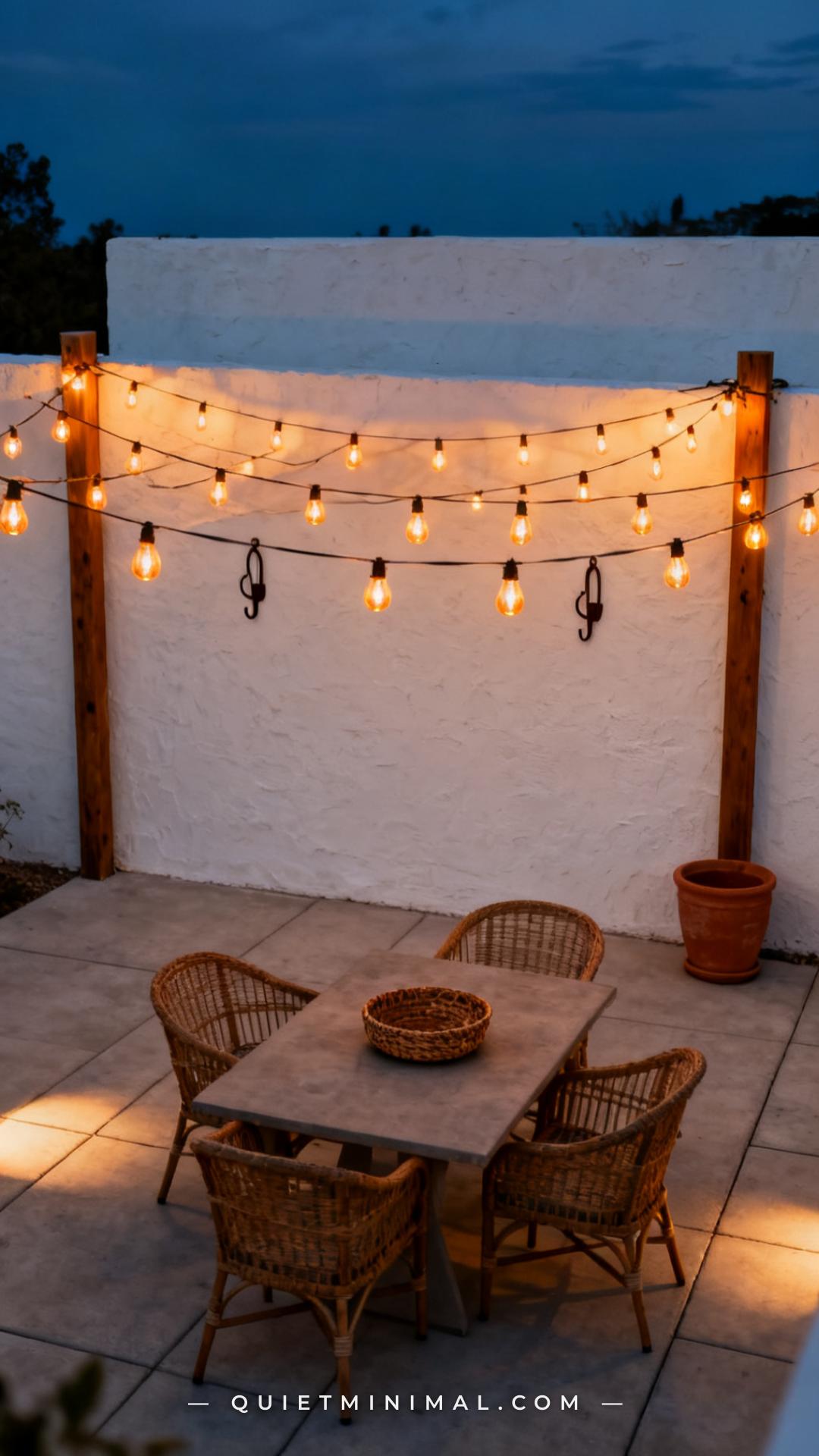 A wide vertical photograph establishes the full overhead view of a neutral concrete patio at dusk