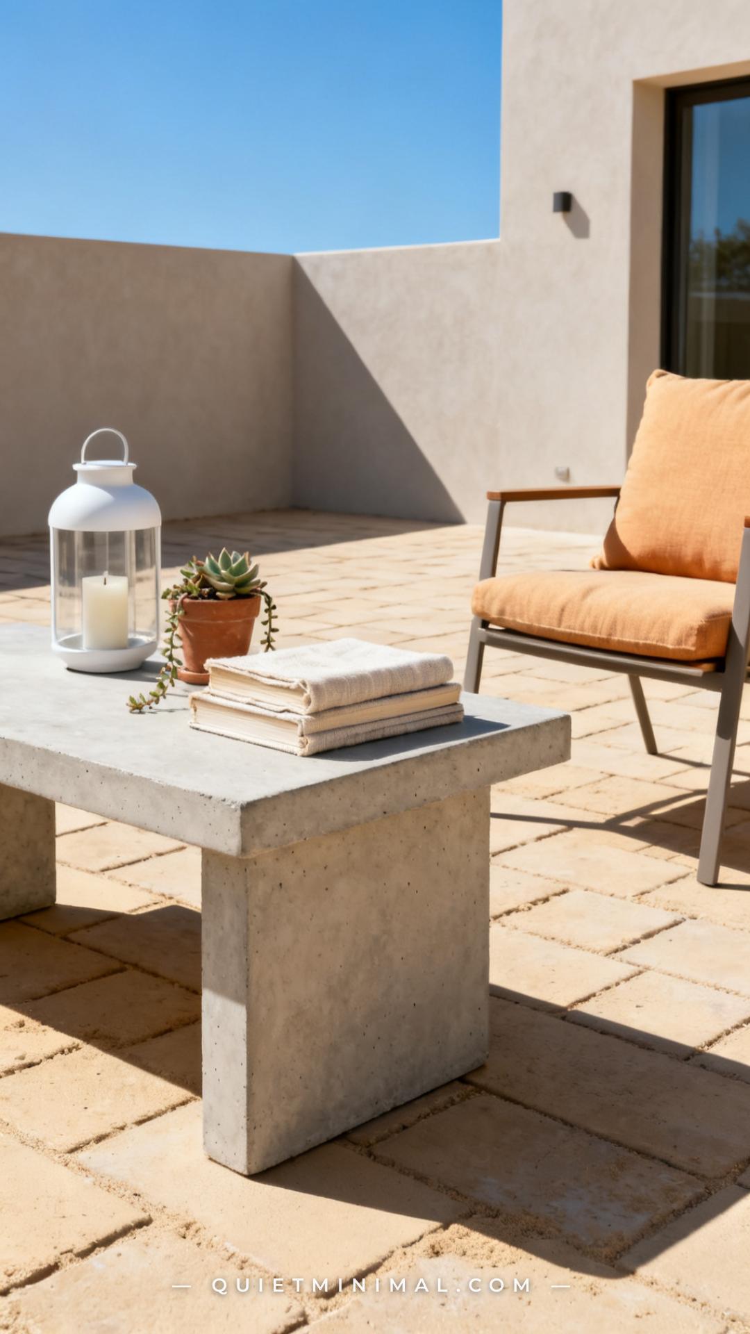 A vertical wide-angle photograph captures a full outdoor seating vignette on a sand-colored paver patio