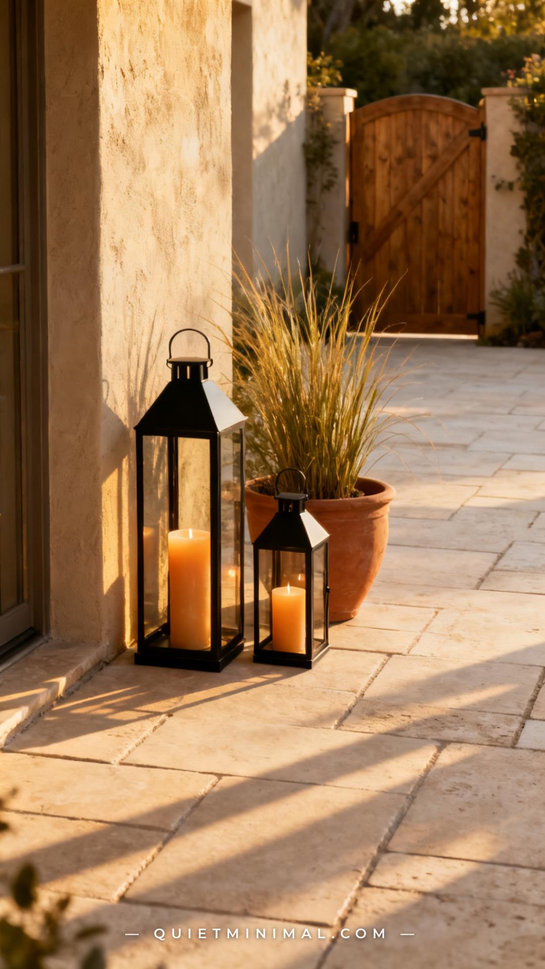 A wide vertical photograph establishes a full corner of a neutral stone patio — the camera pulls back to show the patio