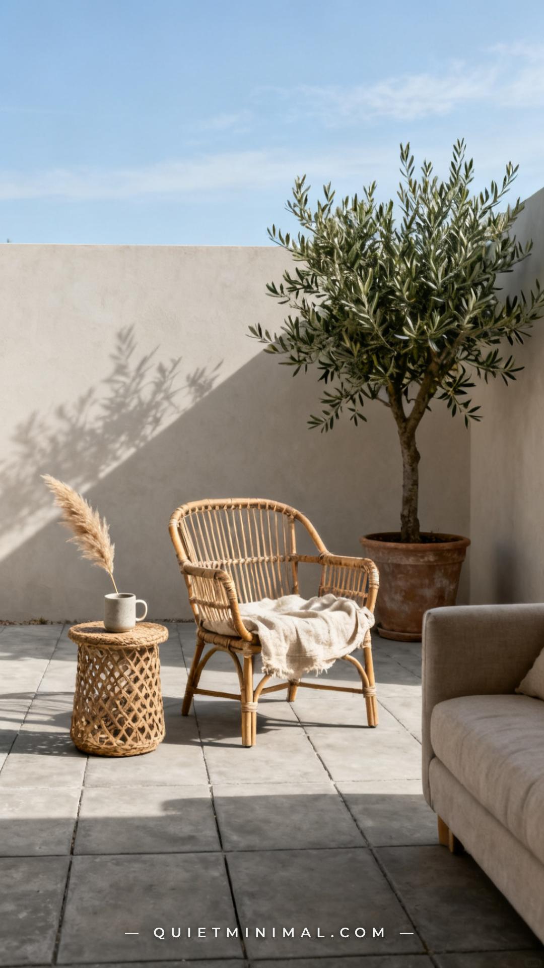 A vertical establishing shot captures the full side of an outdoor patio seating area on greige concrete pavers