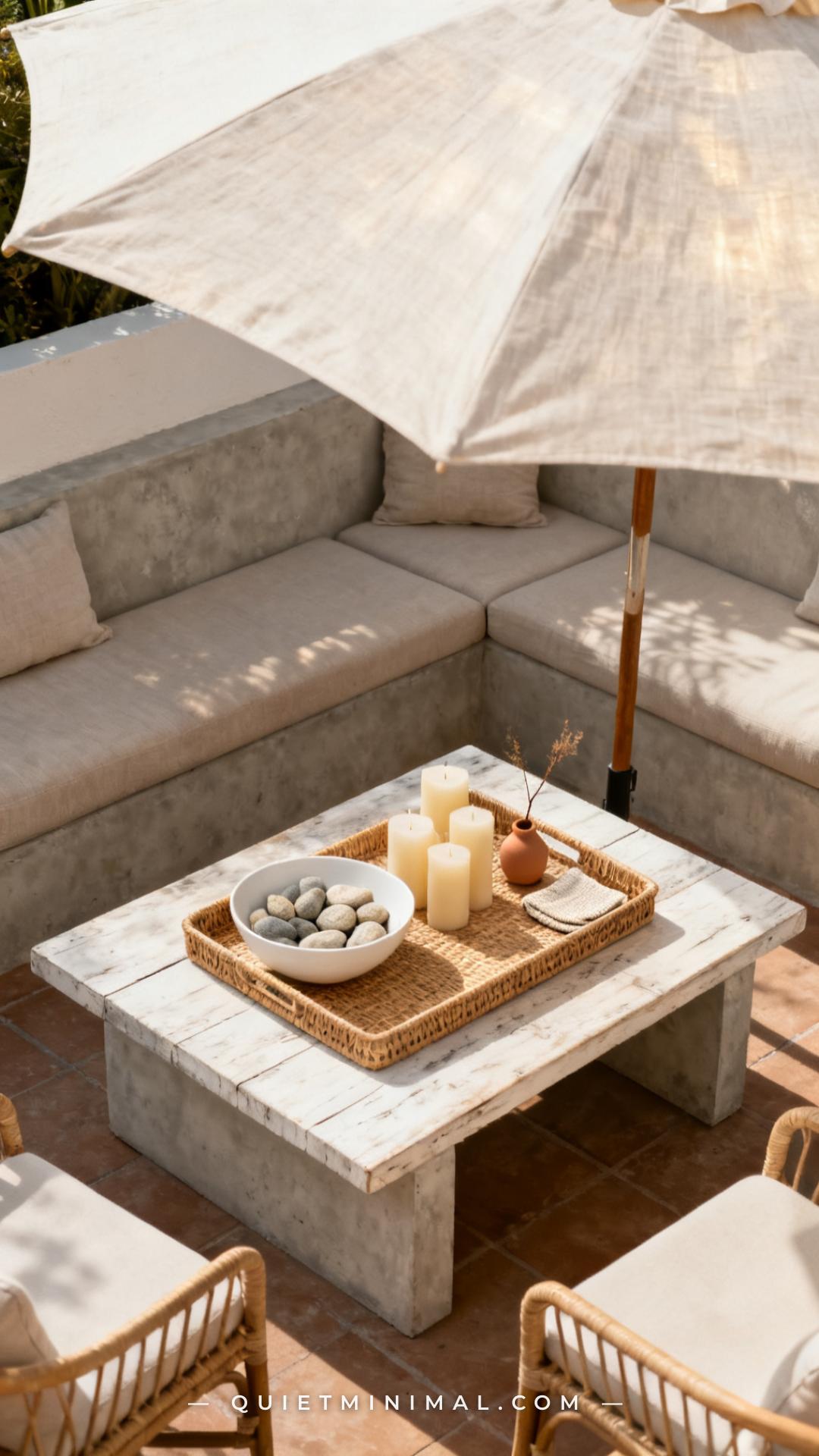 A wide vertical photograph captures an outdoor living area on a neutral paver patio
