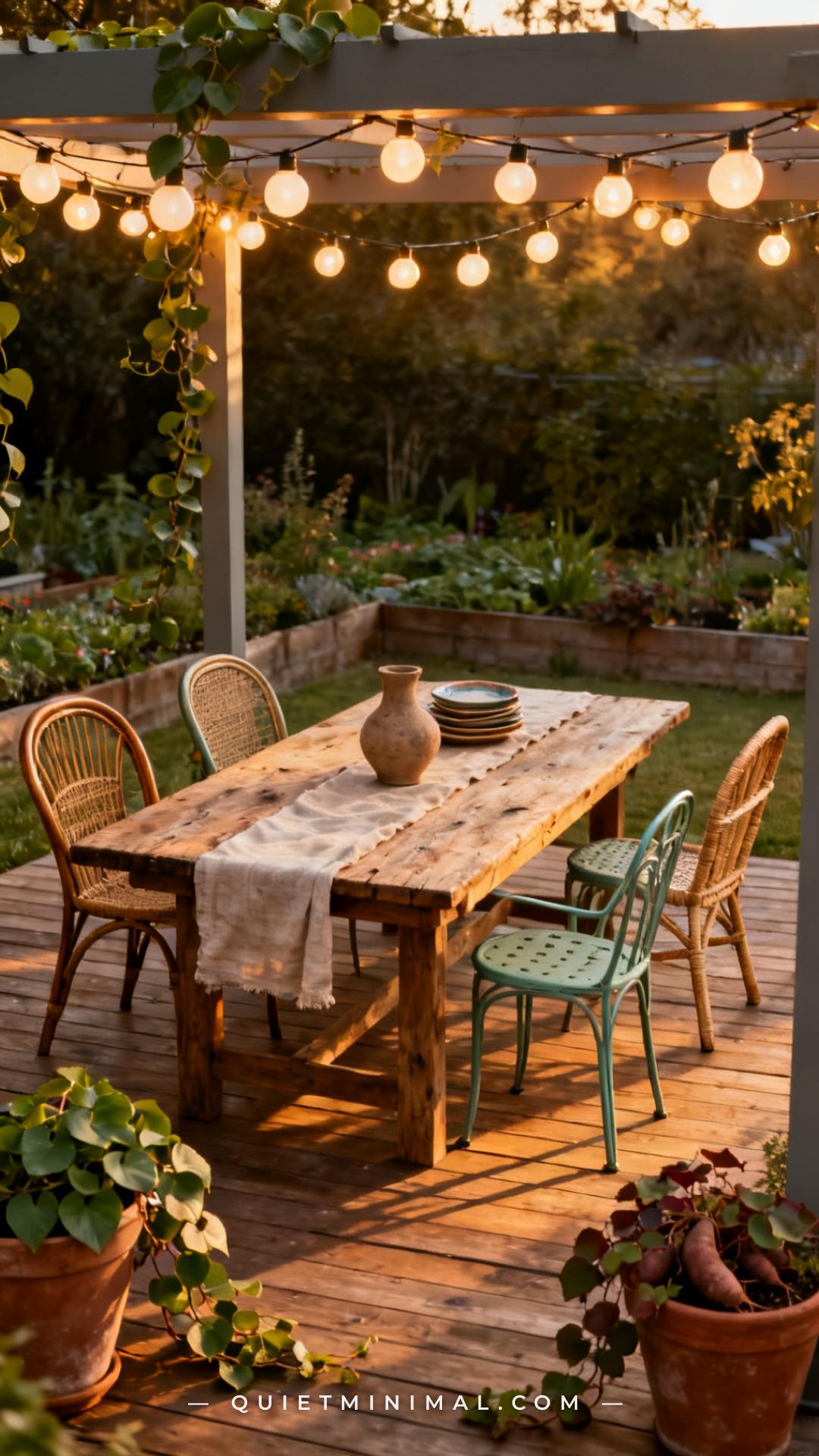 13 Outdoor Dining Area Ideas with Mismatched Chairs, Bistro Lights, and Trailing Plants