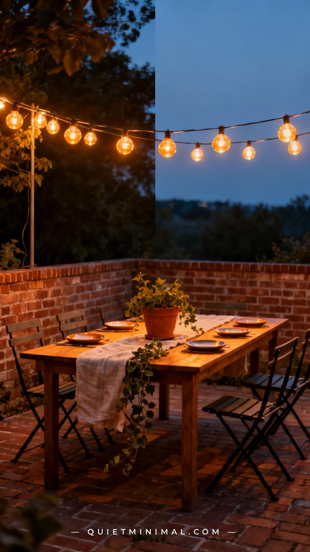 A vertical photograph captures an evening shot of an outdoor dining area on a brick patio with two string-light setups s