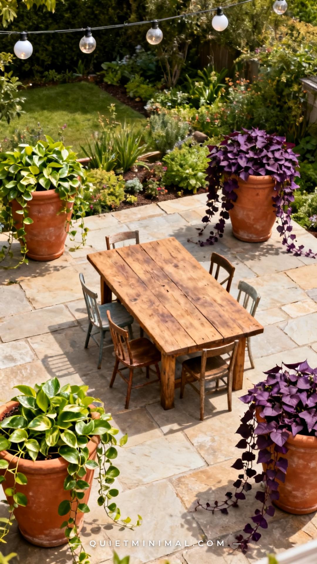 A vertical photograph captures a wide-angle view of an outdoor dining area on a stone patio