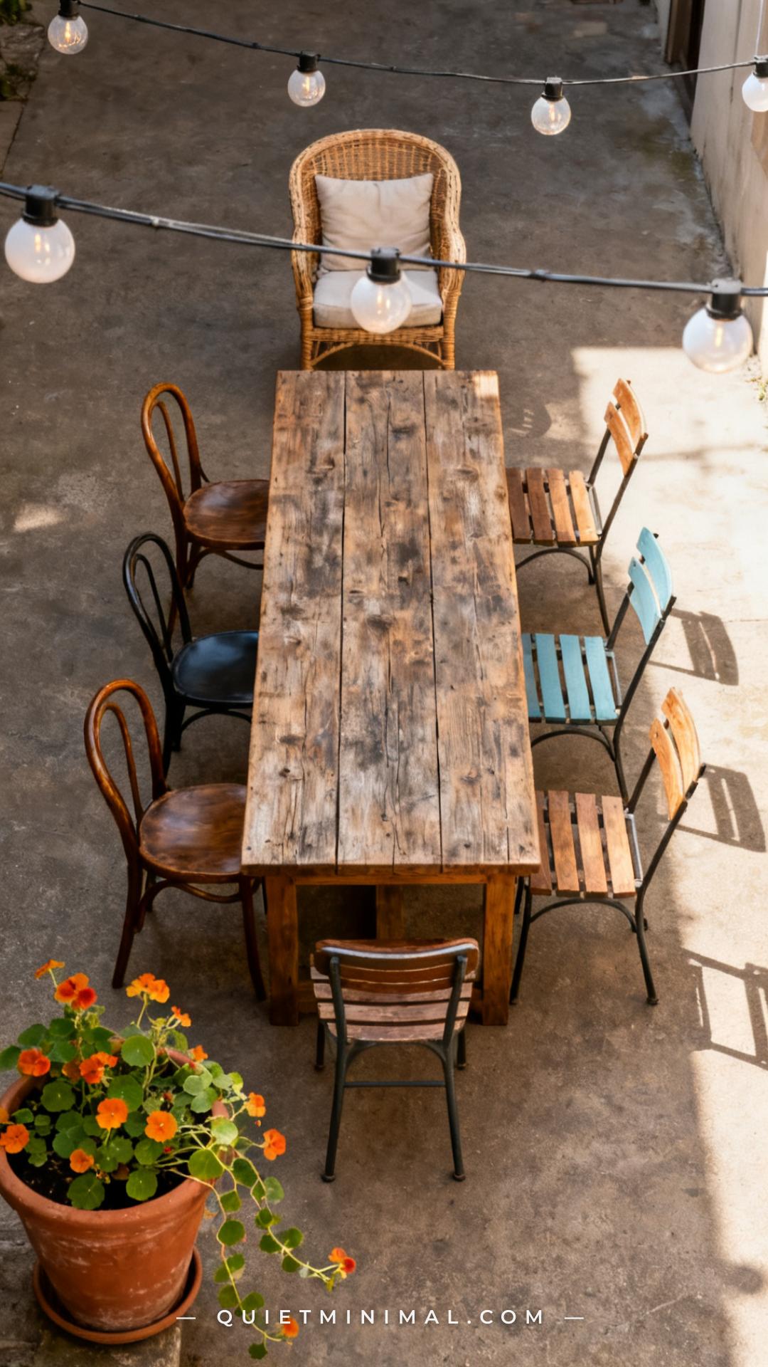 A vertical photograph captures a wide establishing shot of an outdoor dining area from one end of the table