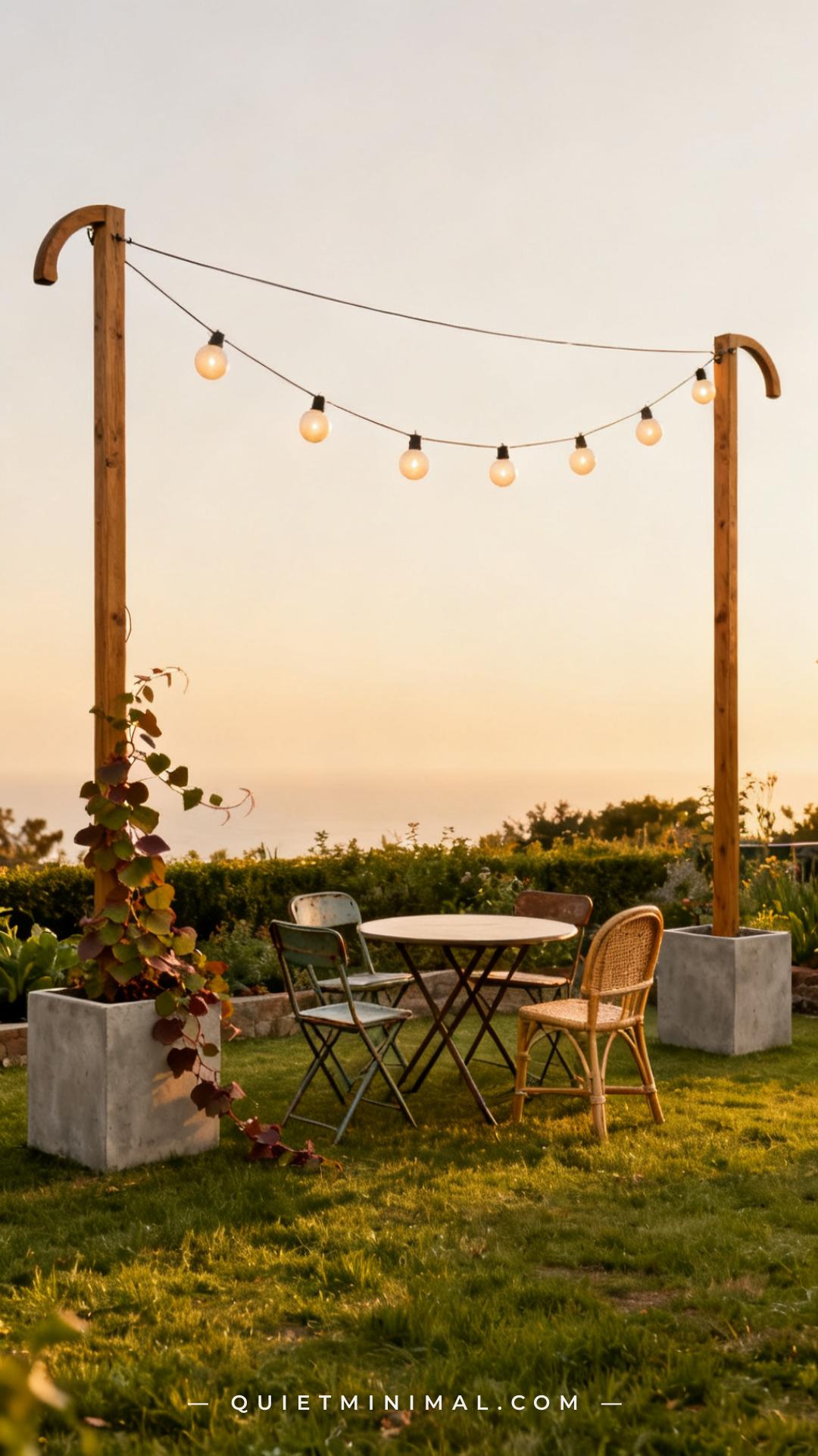 A vertical photograph captures an establishing shot of a freestanding outdoor dining setup on a grass lawn at the edge o