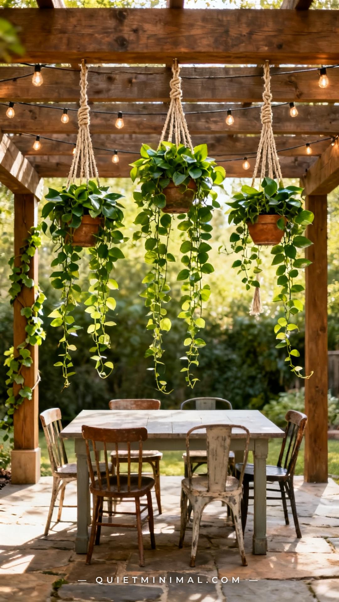 A vertical photograph captures a wide interior-facing shot of an outdoor dining area on a covered patio