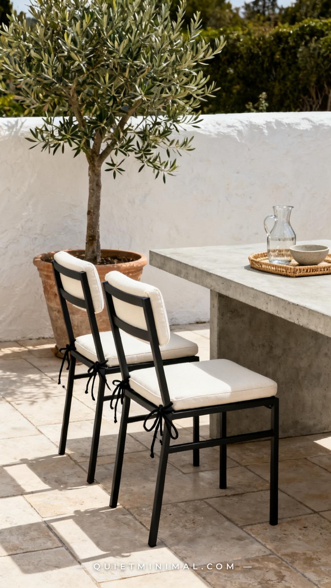 A vertical photograph captures an outdoor dining space with two stackable powder-coated matte black metal dining chairs