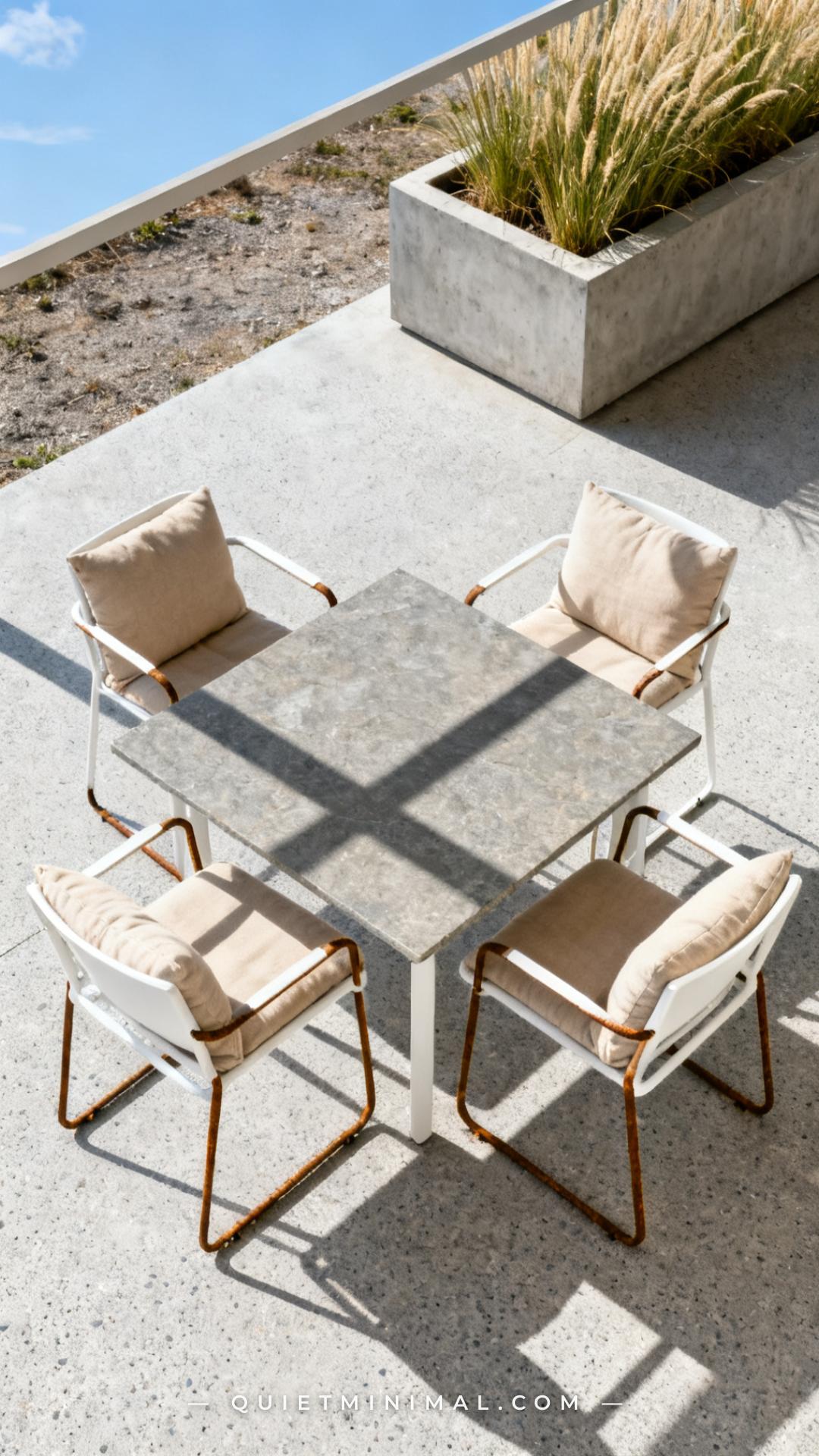 A vertical photograph captures a medium-wide view of a patio dining area exposed to an open sky with no overhead cover